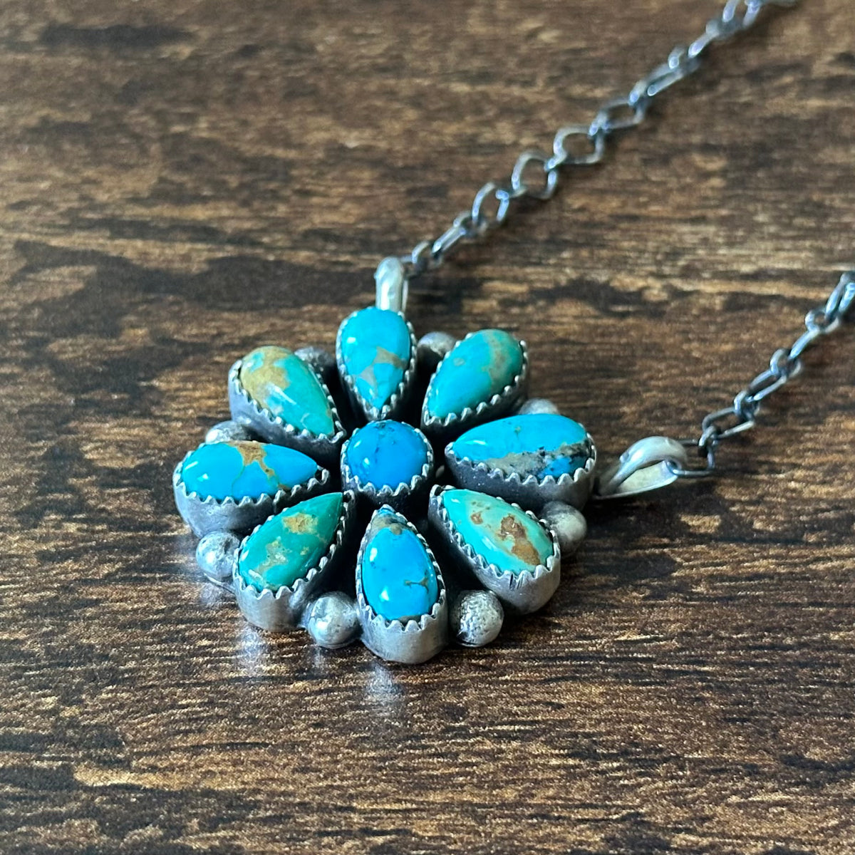 Navajo Judy Largo Turquoise 9 Stone Sterling Floral Cluster Pendant Necklace