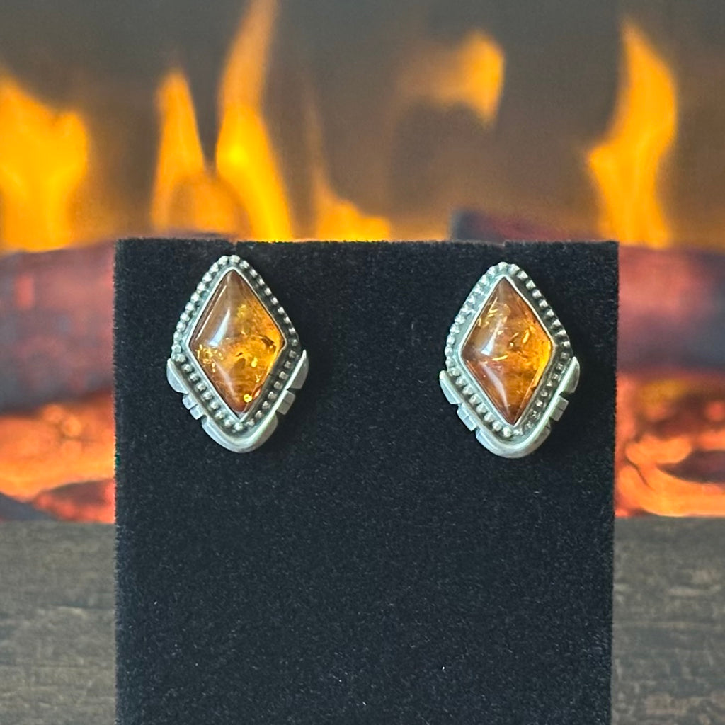 Running Bear Trading Amber Sterling Diamond Stud Earrings