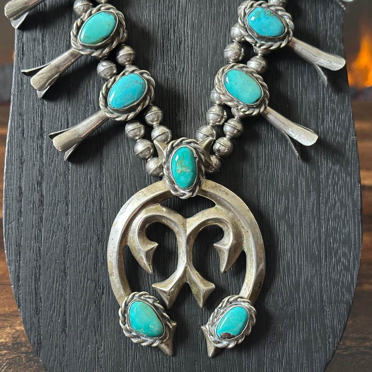 Vintage Turquoise 15 Stone Sterling Handmade Bead Sandcast Twist Wire Squash Blossom