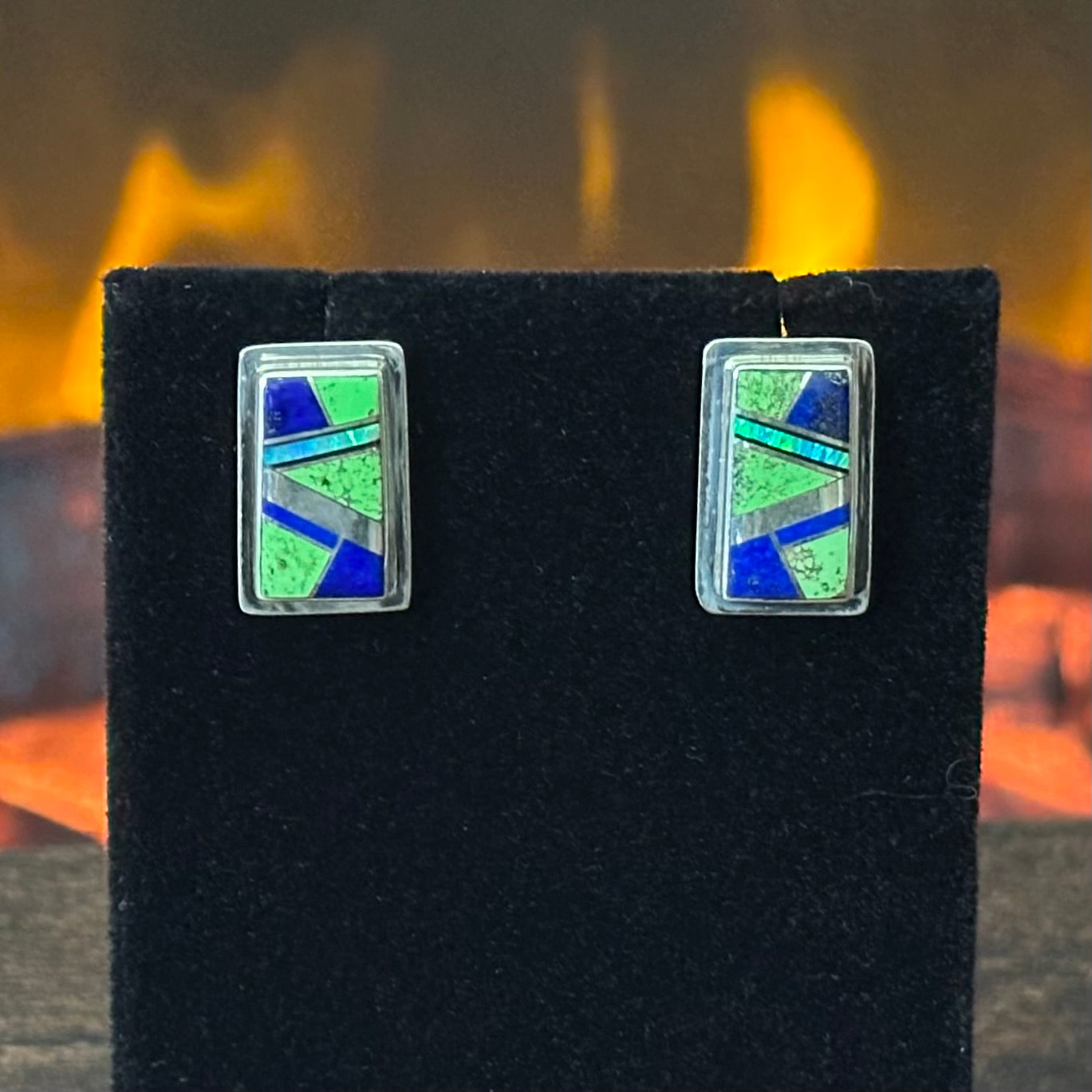 Navajo Steve Francisco Lapis Gaspeite Opal Sterling Geometric Inlay Stud Earrings