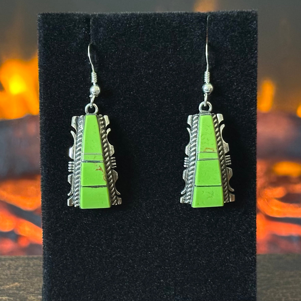 Navajo Steve Francisco Gaspeite Sterling Inlay Dangle Earrings