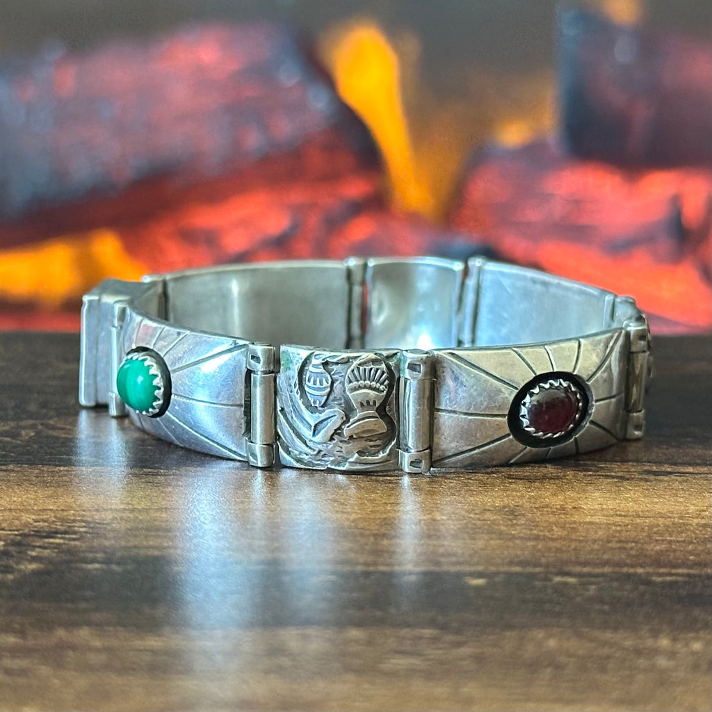 Navajo Tommy Jackson Turquoise Lapis Garnet Malachite Sterling Hand Stamped Bracelet