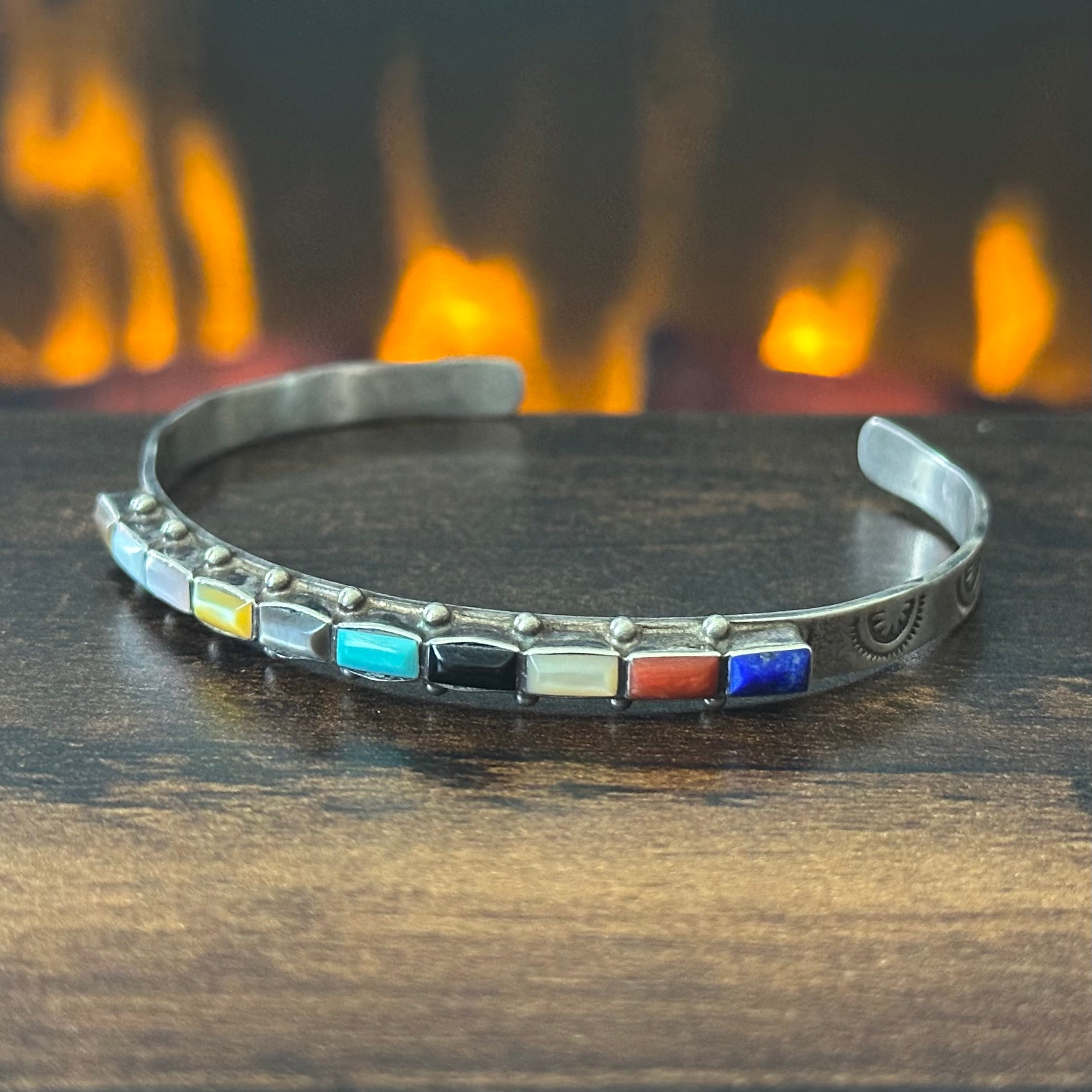 Zuni Ernest & Vivnita Bewanika Turquoise Lapis Red Coral MOP Jet 10 Stone Sterling Hand Stamped Stacker Cuff