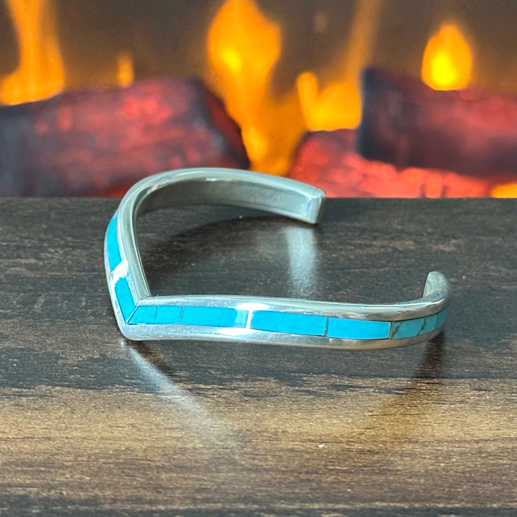 Zuni Larry Loretto Turquoise Sterling Inlay Chevron Cuff