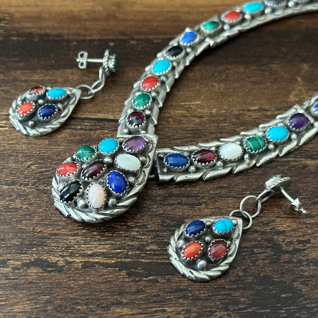 P.A. Signed Turquoise Amethyst Red Coral Garnet Mother of Pearl Malachite Lapis 31 Stone Sterling Hand Stamped Teardrop Necklace Earrings Set