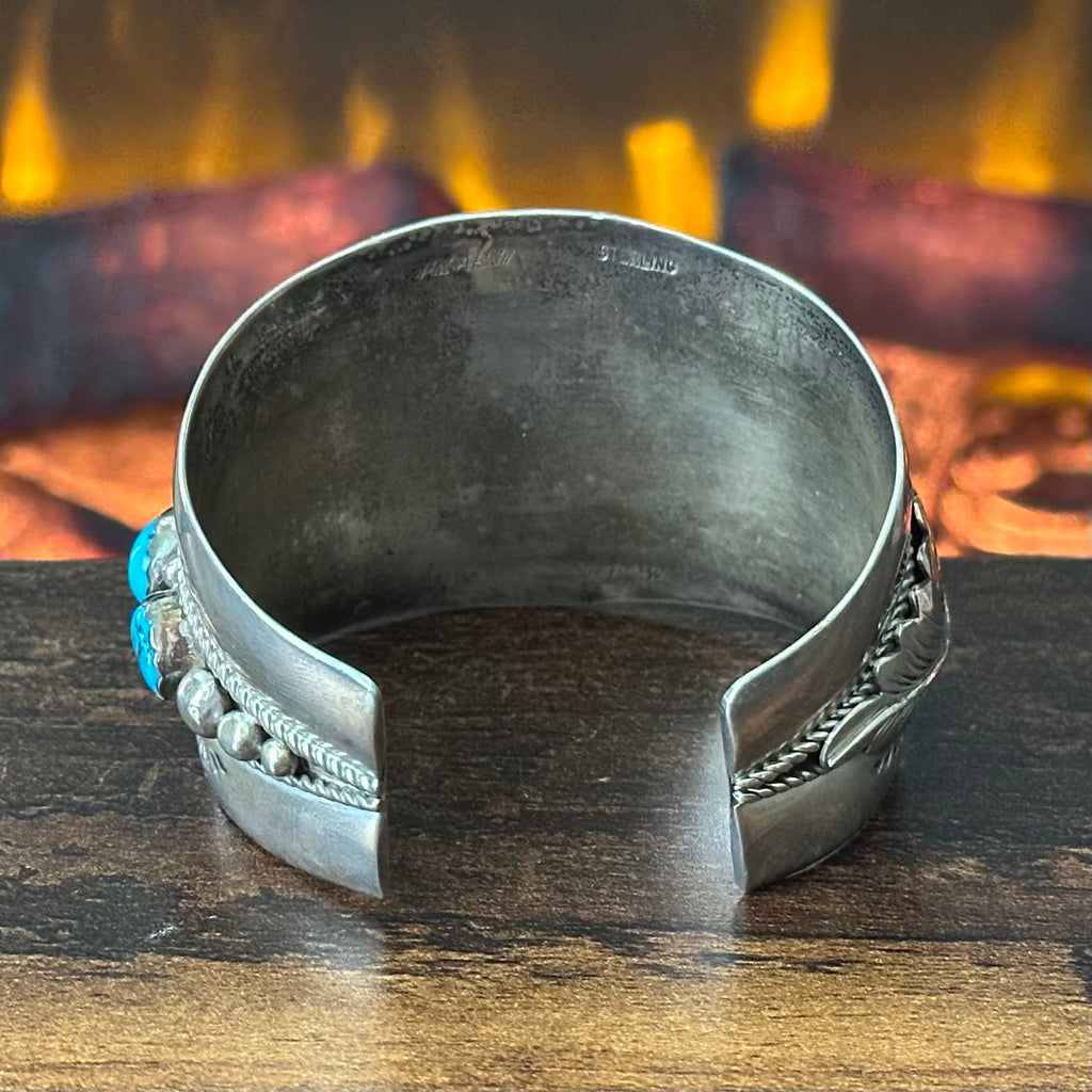 Navajo Ma’ Atsidii Vintage Turquoise 5 Stone Sterling Ornate Floral Statement Cuff