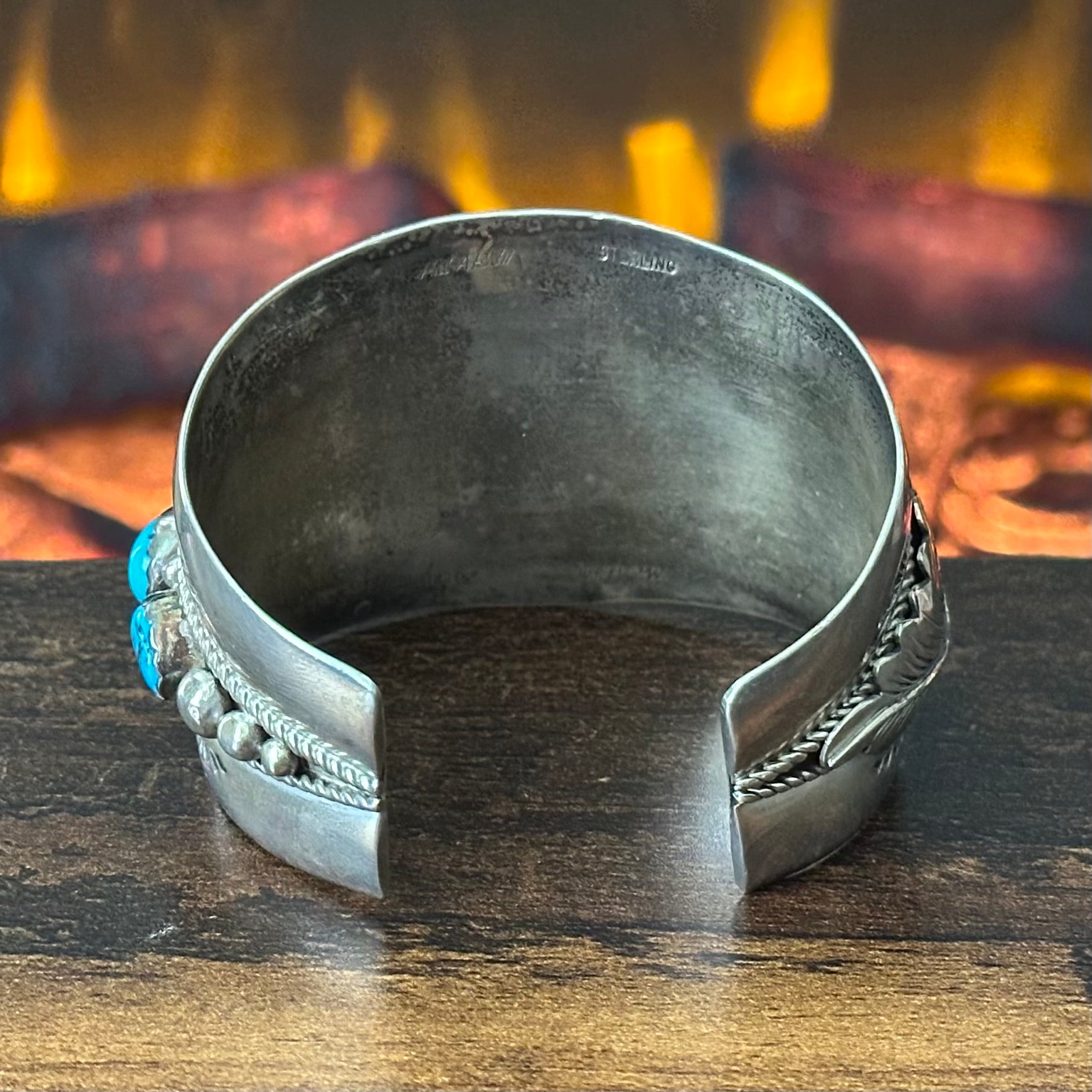 Navajo Ma’ Atsidii Vintage Turquoise 5 Stone Sterling Ornate Floral Statement Cuff