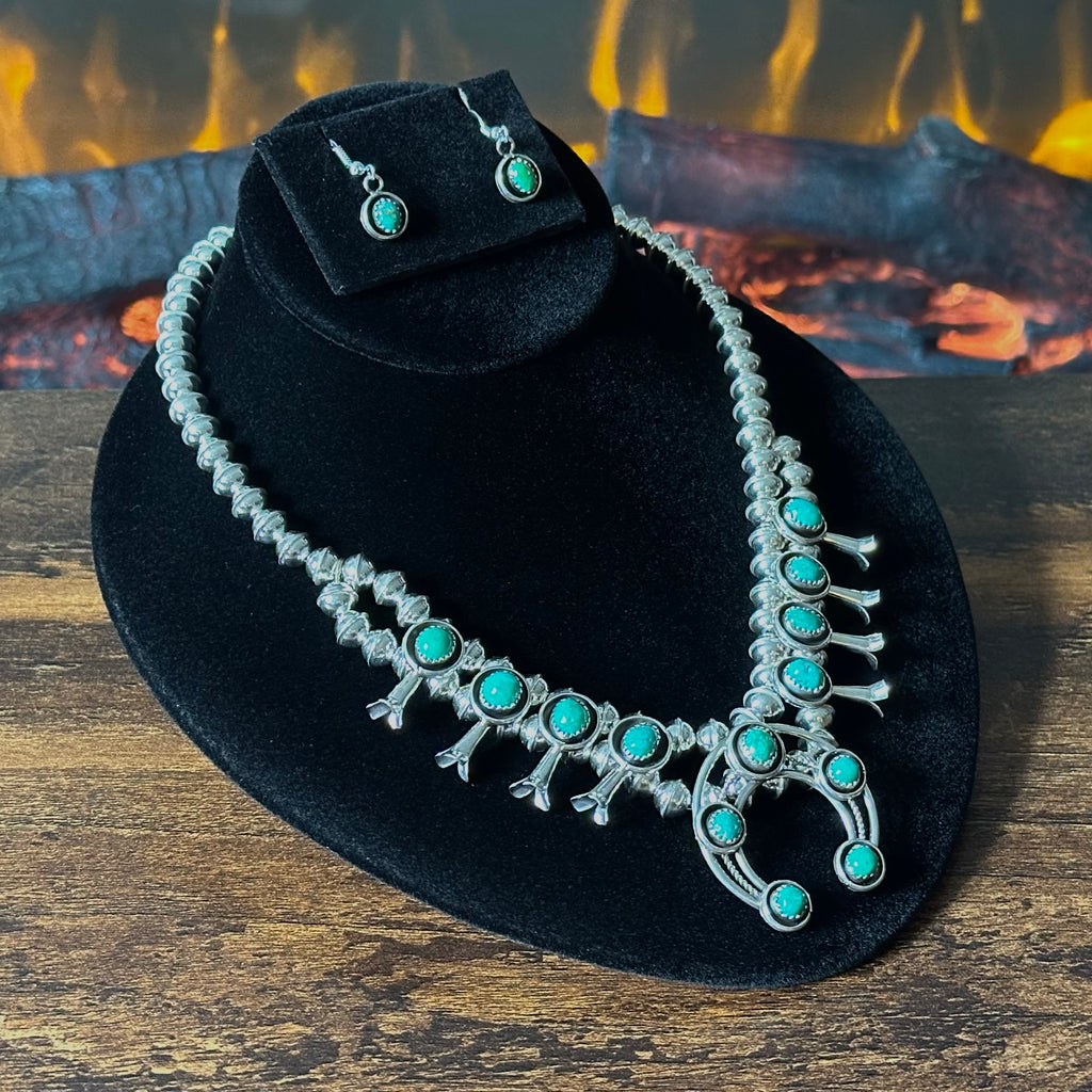 Navajo Phil & Lenora Garcia Sonoran Gold Turquoise 13 Stone Sterling Squash Blossom Necklace Earrings Set