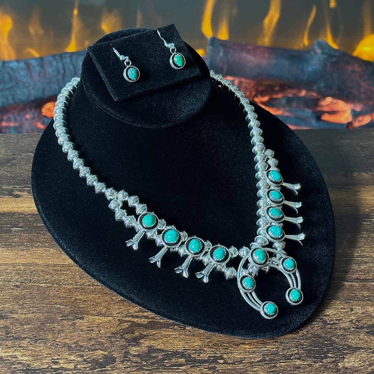 Navajo Phil & Lenora Garcia Sonoran Gold Turquoise 13 Stone Sterling Squash Blossom Necklace Earrings Set