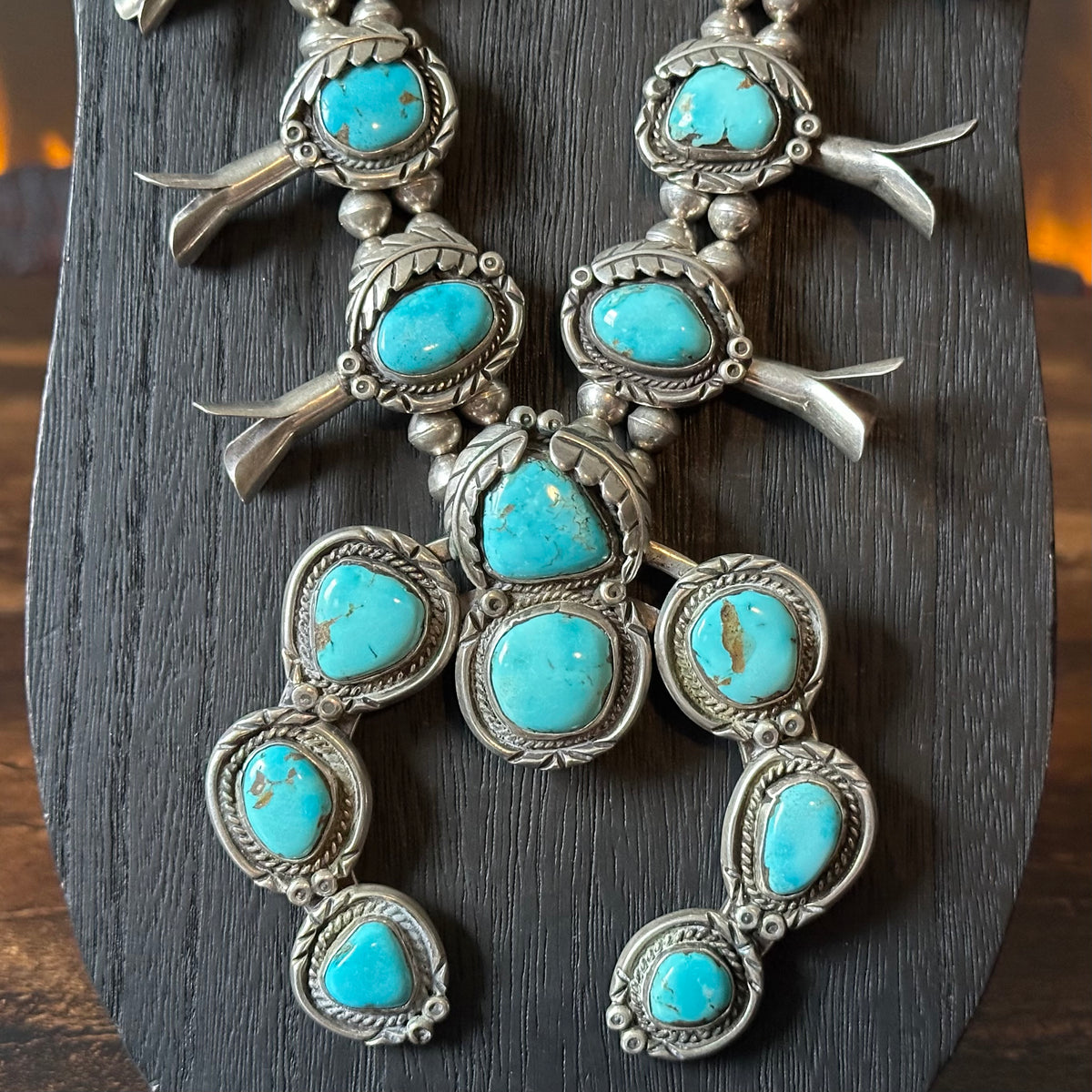 Vintage Turquoise 18 Stone Sterling Handmade Bead Twist Wire Leaf Squash Blossom