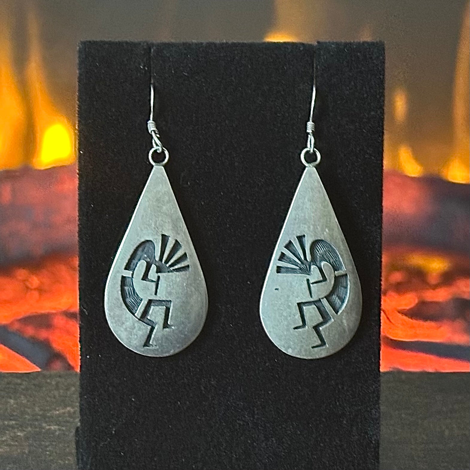 Hopi Loren Sakeva Sterling Overlay Kokopelli Dangle Earrings