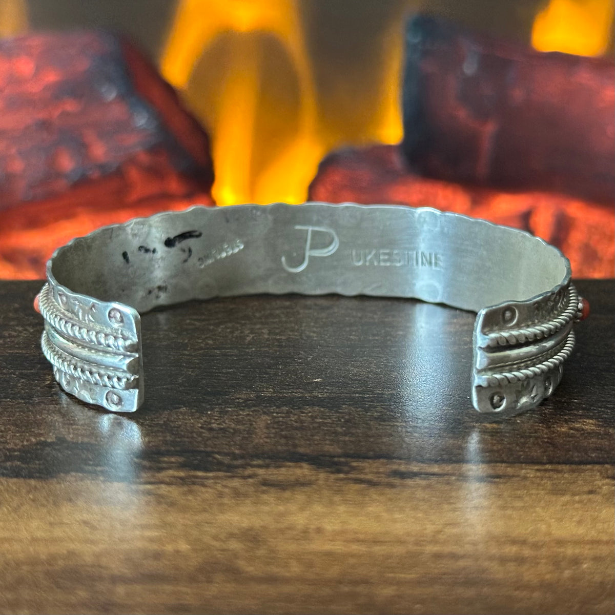 Zuni Jason & Pearl Ukestine Red Coral 21 Stone Sterling Hand Stamped Snake Eye Stacker Cuff