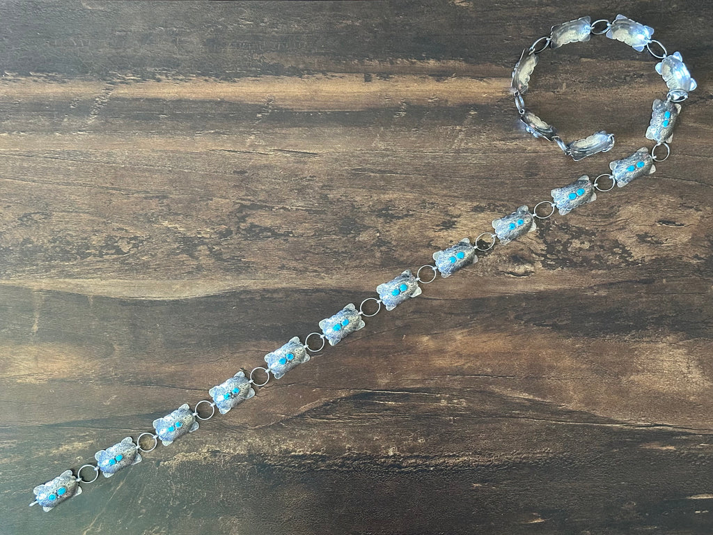 A.J. Signed Turquoise Double Stone 18 Sterling Concho Hand Stamped Belt