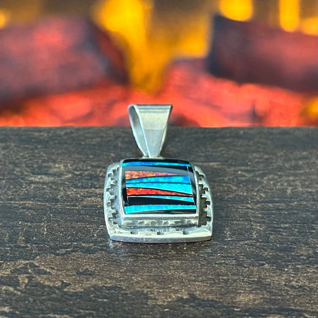 CH Signed Supersmiths Inc. Opal Onyx Sterling Hand Stamped Rectangular Inlay Pendant