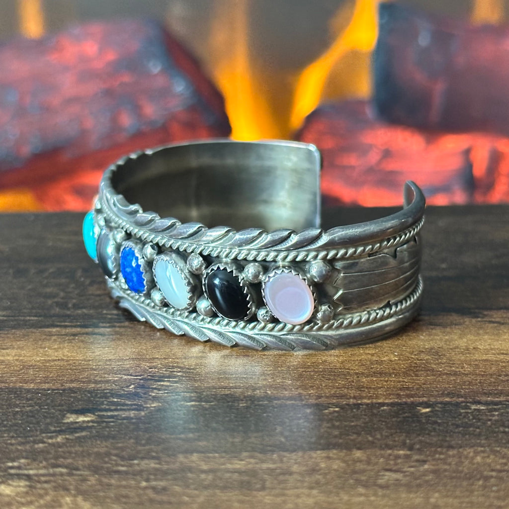 Navajo James Shay Rainbow Multi Stone Sterling Twist Wire Raindrop Cuff
