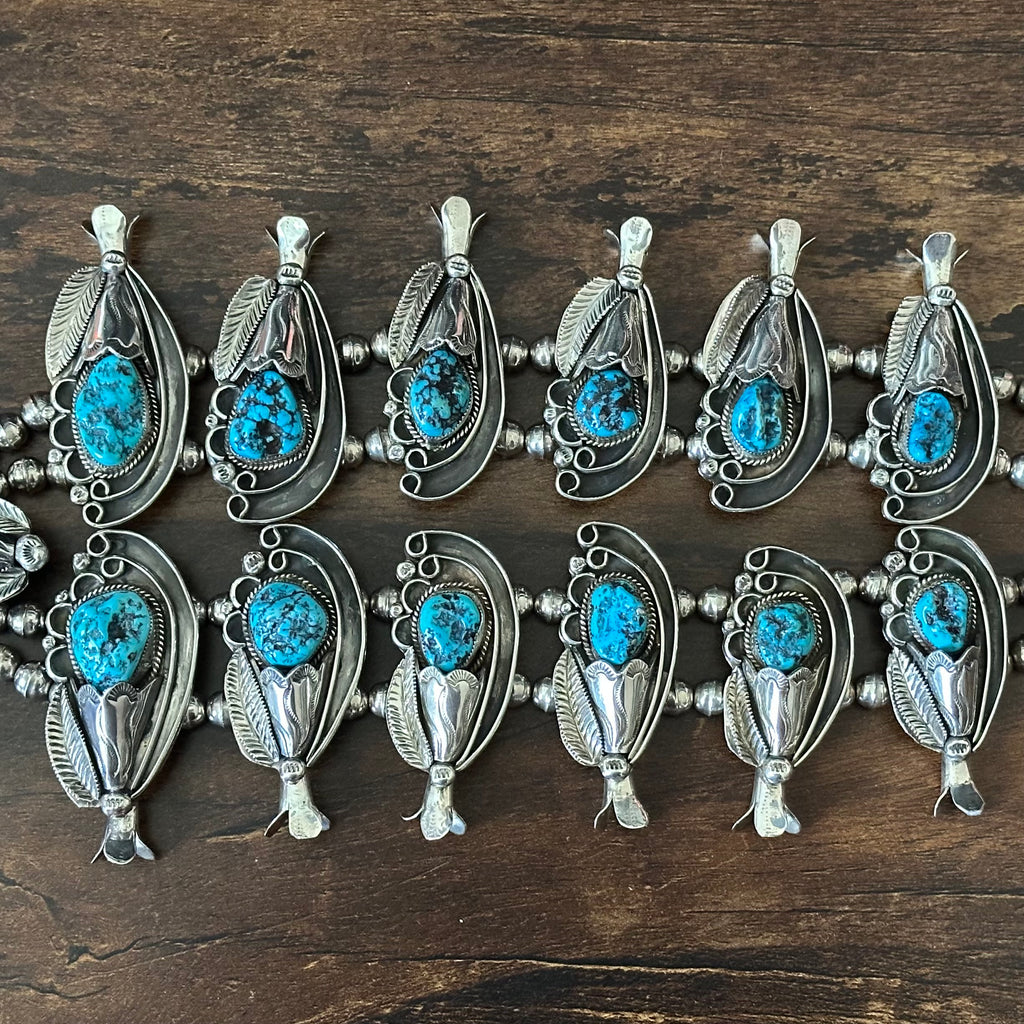 1970s GH Signed Turquoise 18 Nugget Stone Sterling Hand Stamped Ornate Squash Blossom Necklace Earrings Set