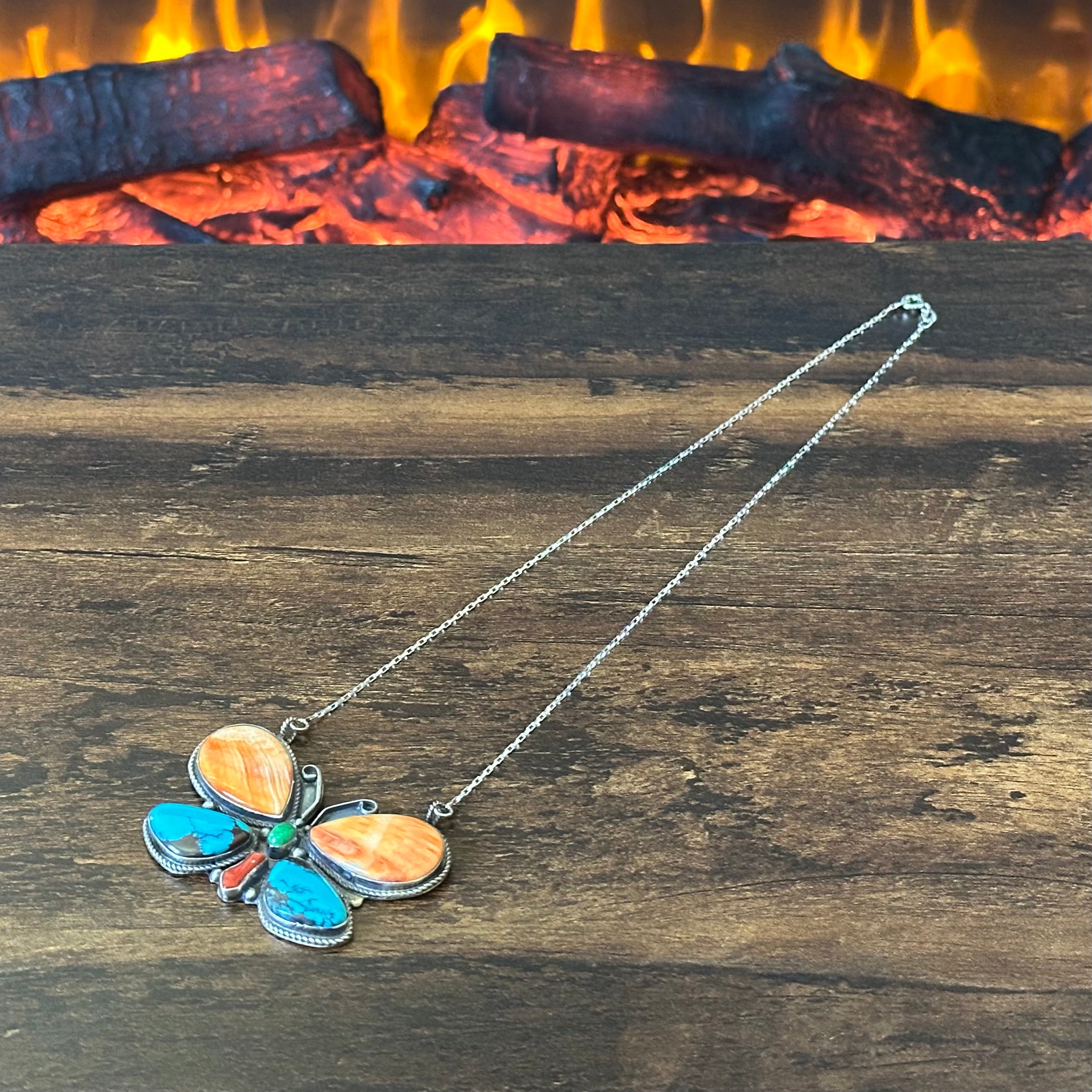 Navajo Phil & Lenora Garcia Turquoise Spiny Oyster Red Coral Sterling Butterfly Pendant Necklace