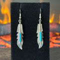 Navajo Allen Barney Turquoise Sterling Feather Inlay Dangle Earrings