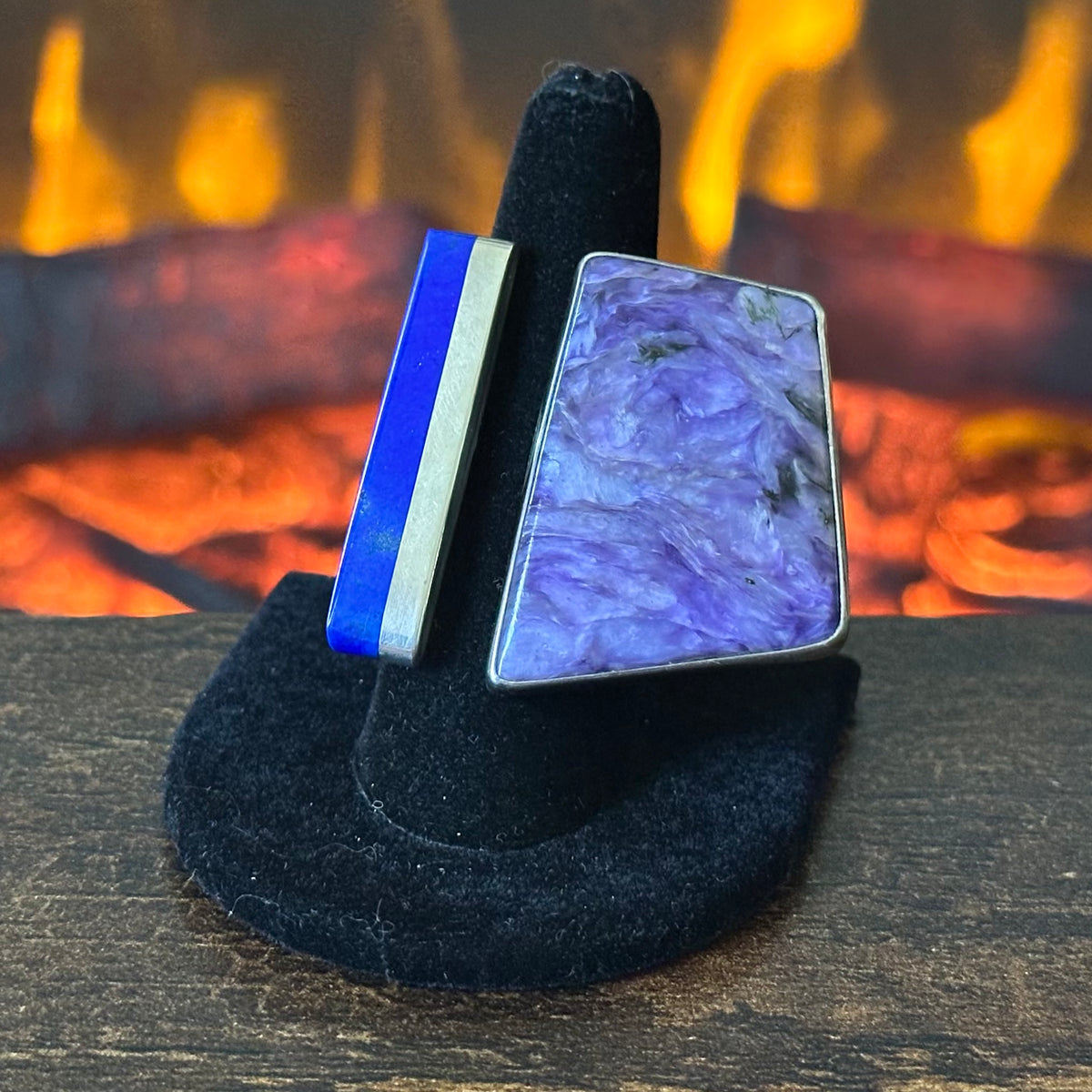 M. Slim Signed Charoite Lapis Sterling Hand Stamped Adjustable Statement Ring