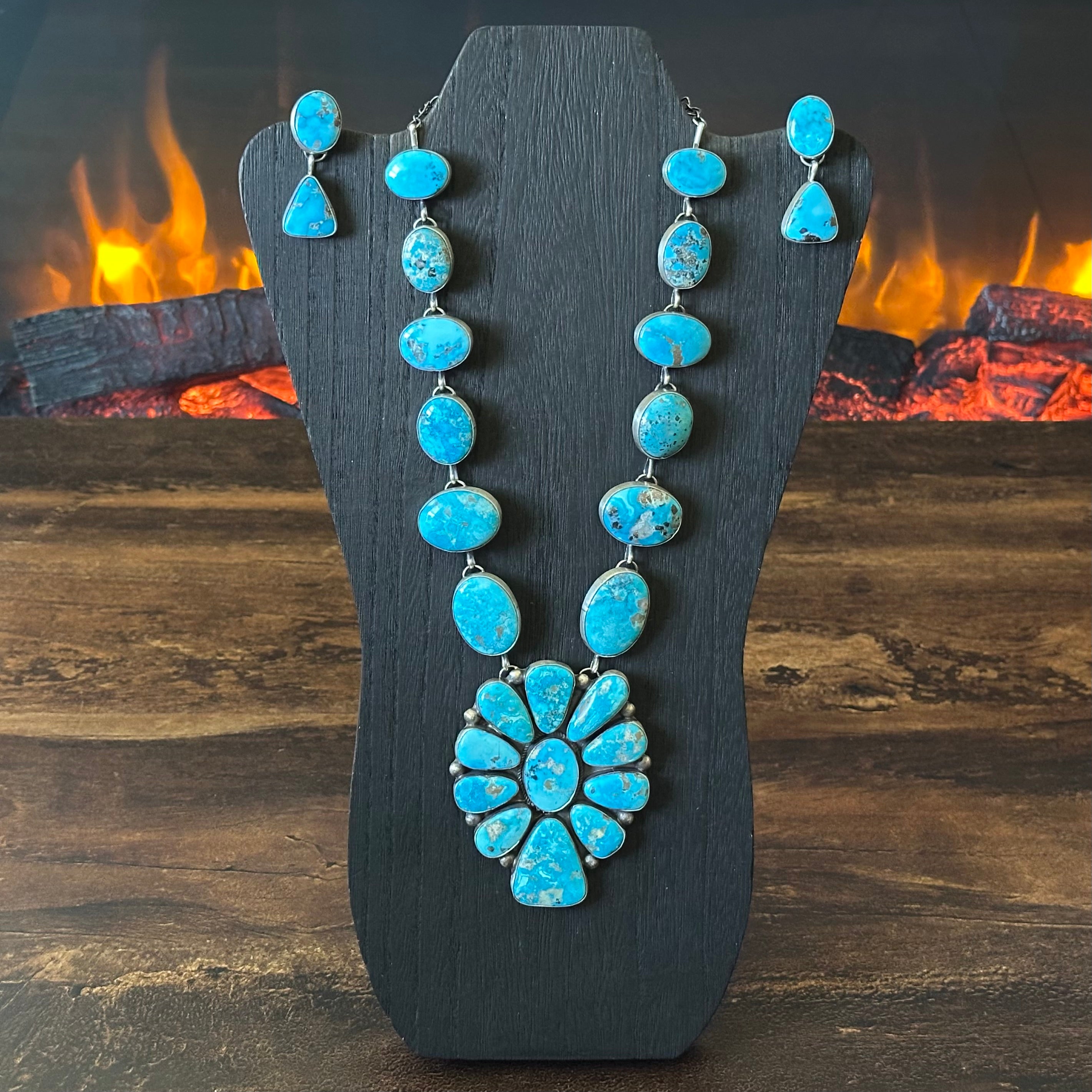 Navajo Hiram Largo Blue Ridge Turquoise 23 Stone Sterling Lariat Necklace Earrings Set
