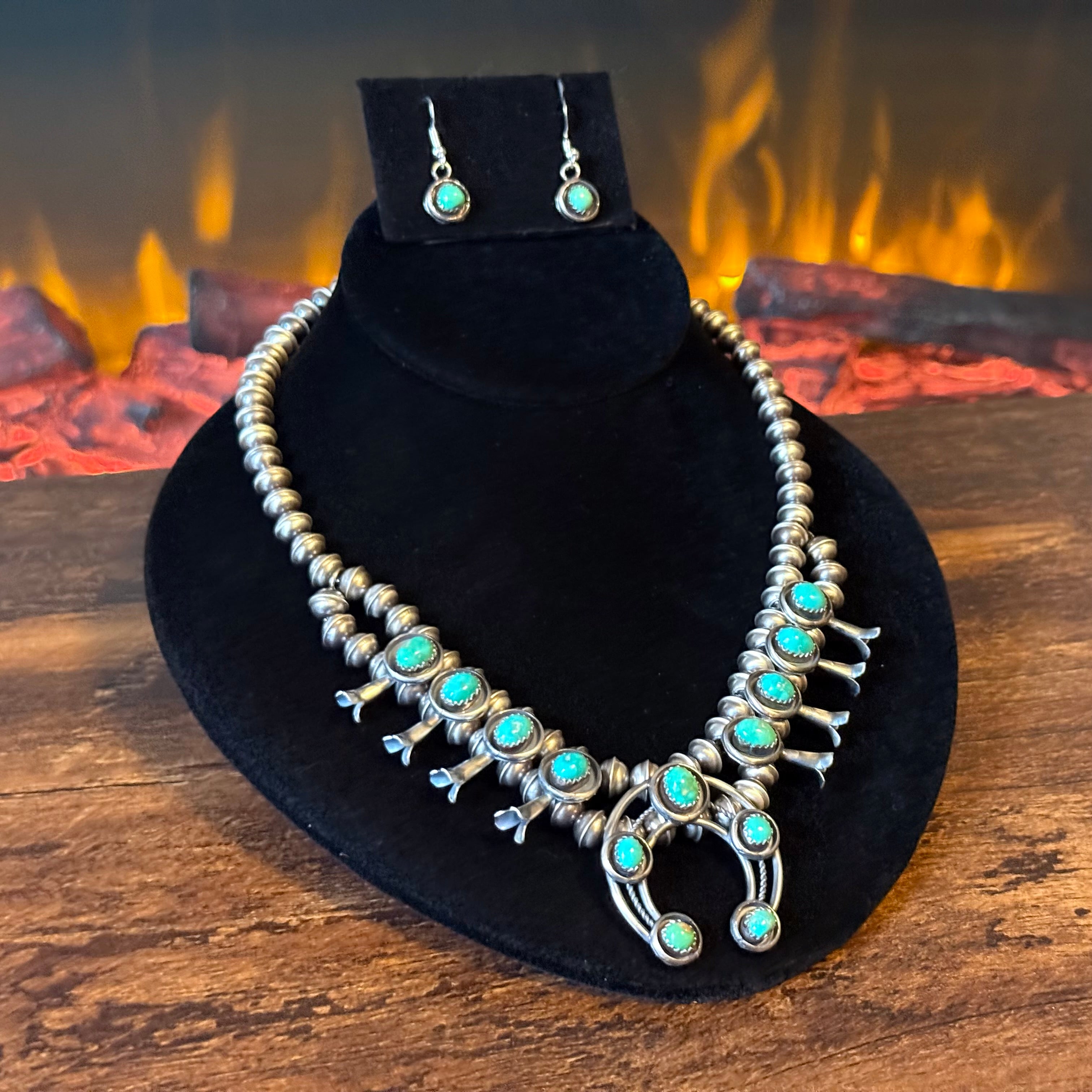 Navajo Phil & Lenora Garcia Sonoran Gold Turquoise 13 Stone Oxidized Sterling Squash Blossom Earrings Set
