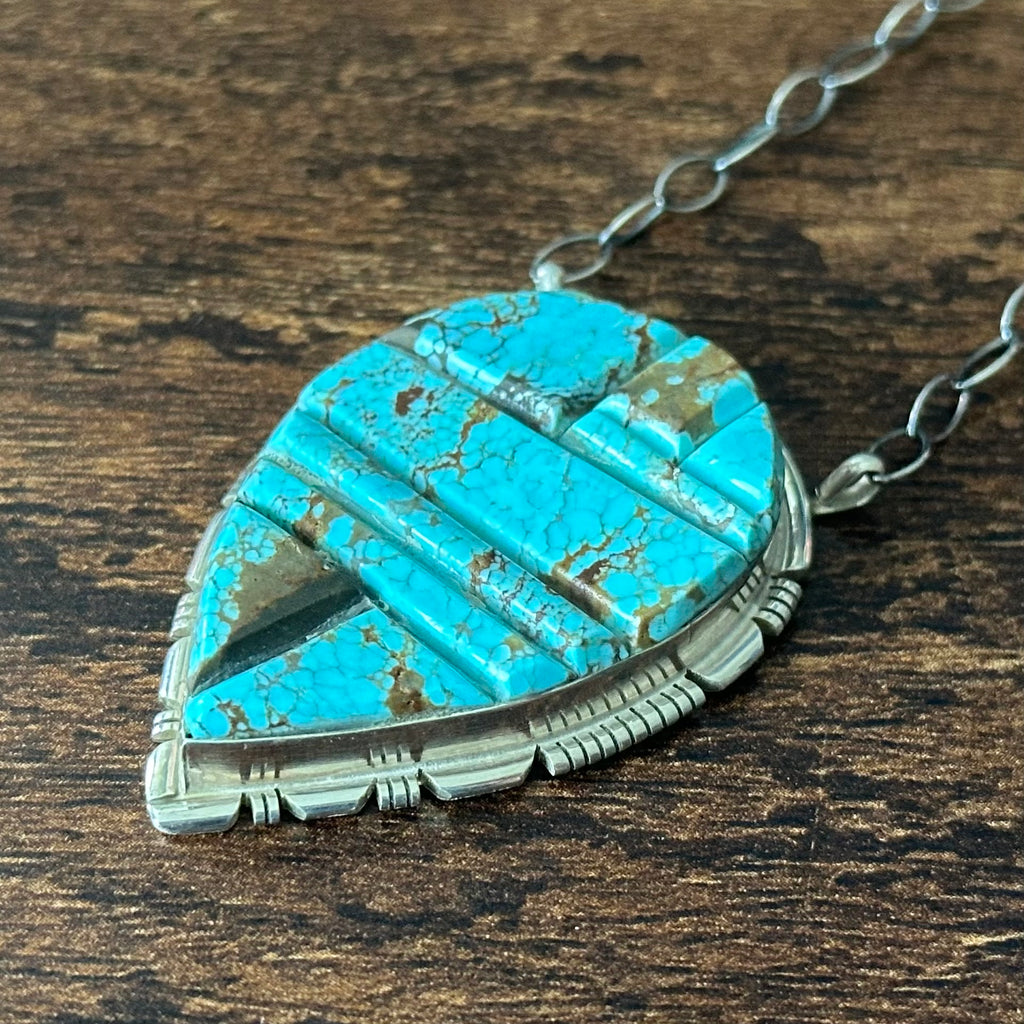 Navajo Steve Francisco Mine #8 Turquoise Sterling Cobblestone Inlay Pendant Necklace