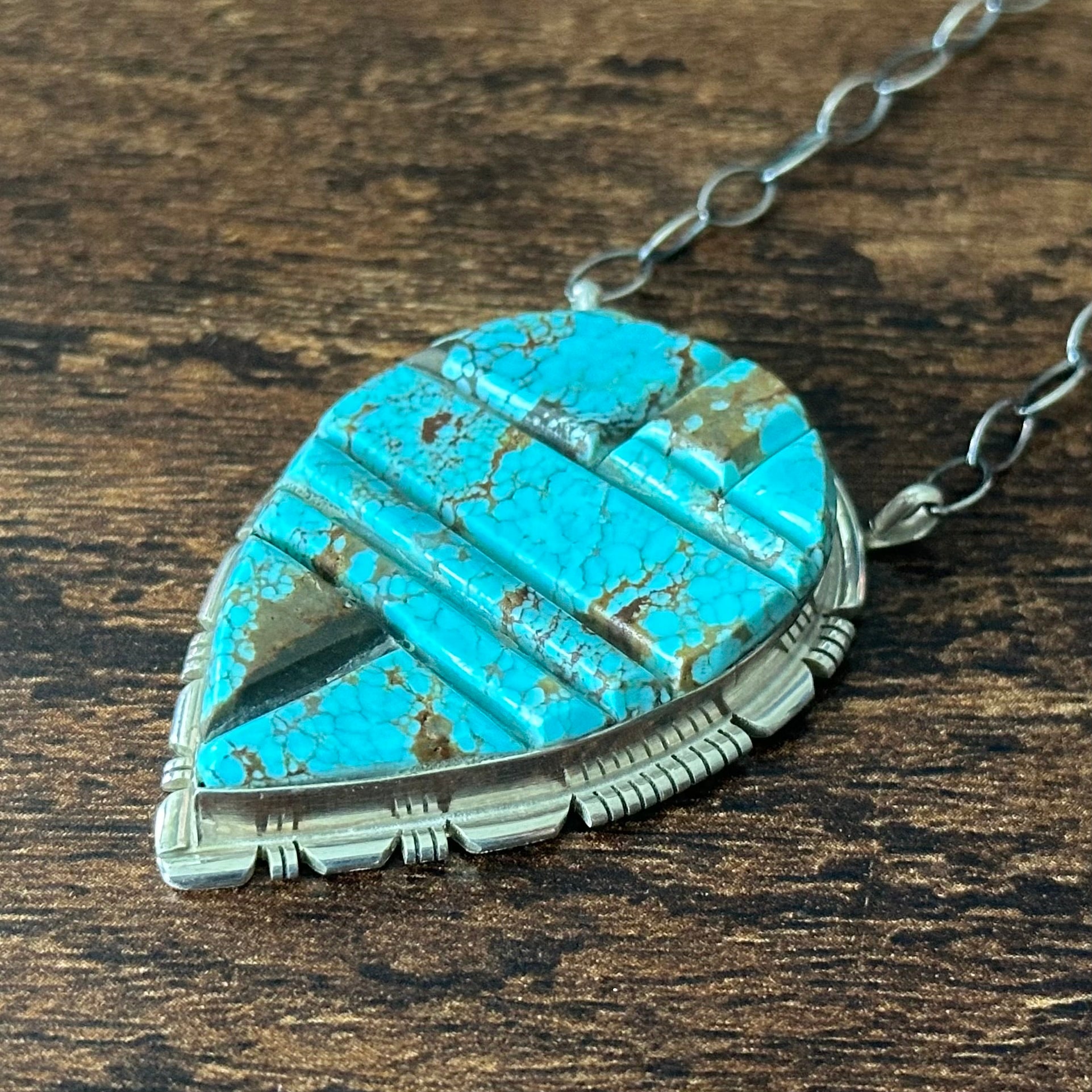 Navajo Steve Francisco Mine #8 Turquoise Sterling Cobblestone Inlay Pendant Necklace