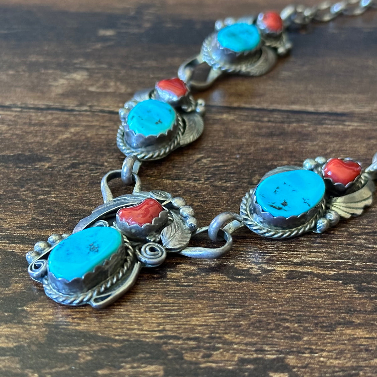 Navajo Justin Morris Turquoise Red Coral 10 Stone Sterling Ornate Station Necklace