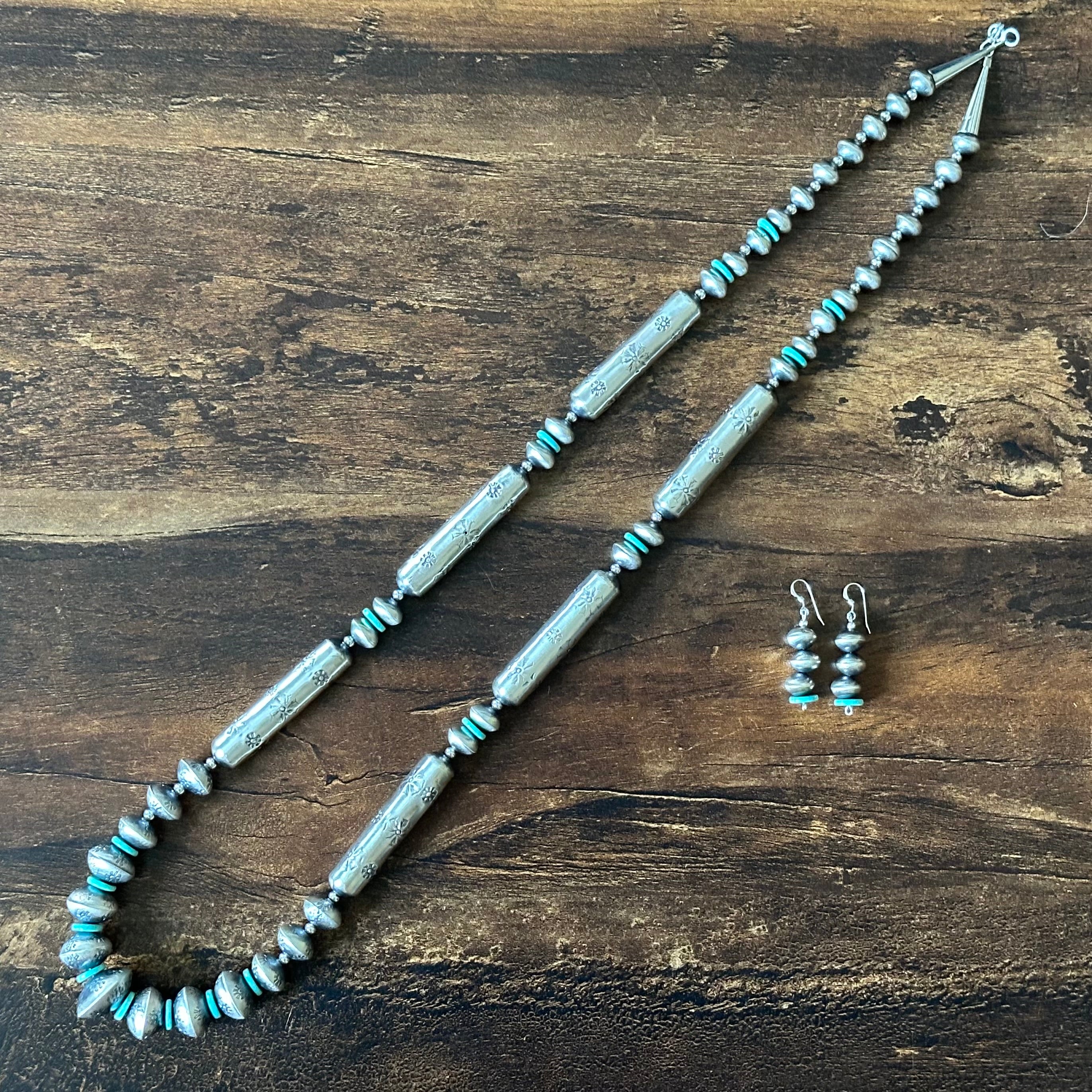 Navajo Tysha Aparicio Turquoise Sterling Handmade Floral Cylinder Bead Stamped Necklace Earrings Set