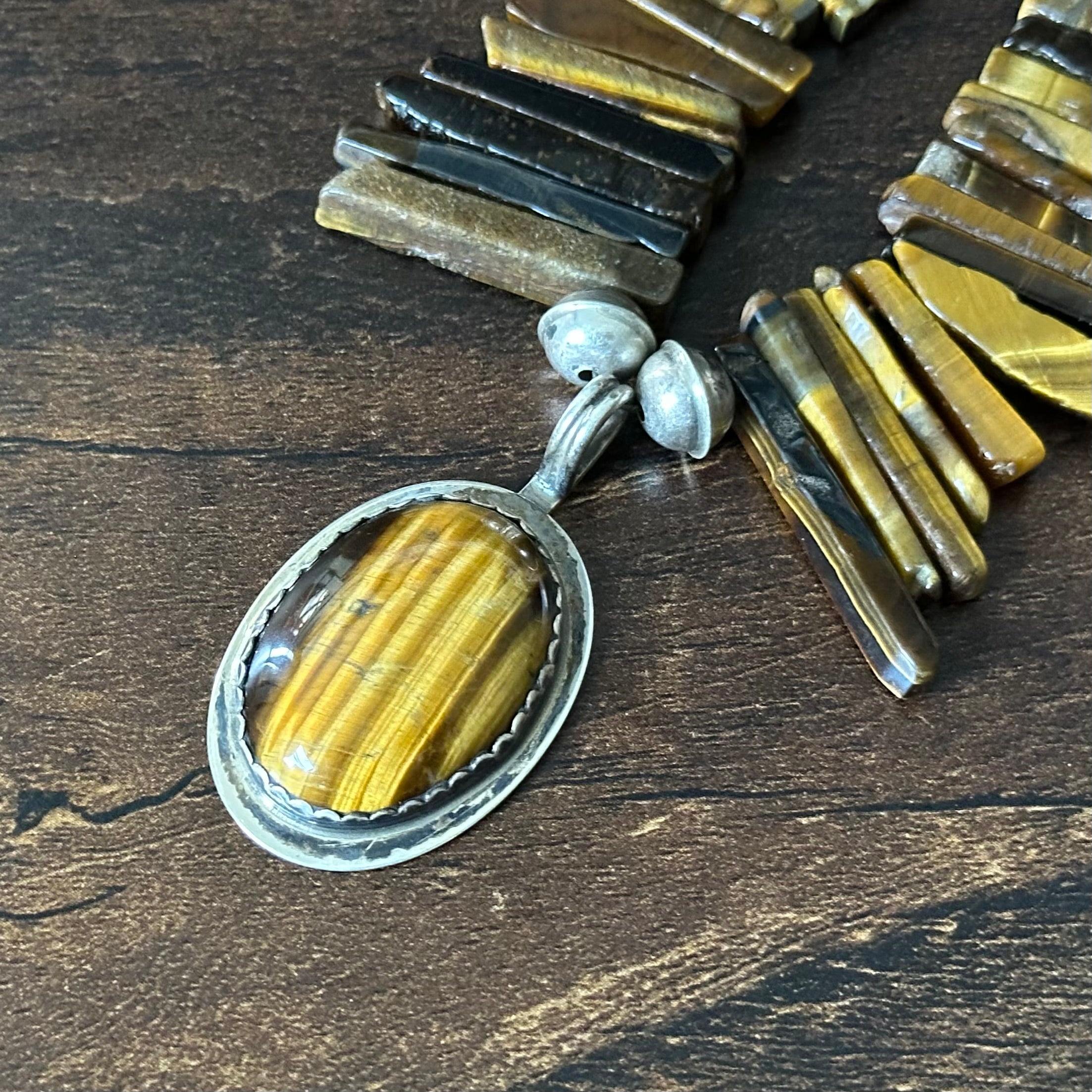 Kewa Ava & Marie Coriz Tigers Eye 107 Graduated Stone Sterling Cylinder Bead Hand Stamped Pendant Statement Necklace