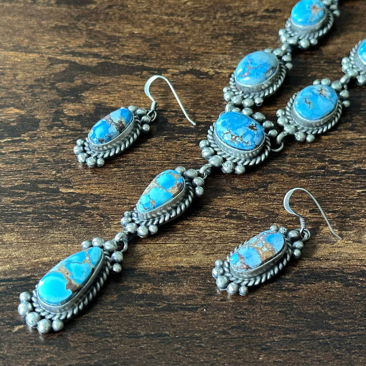 Navajo Mary Ann Spencer Golden Hills Turquoise 9 Stone Sterling Raindrop Lariat Necklace Earrings Set