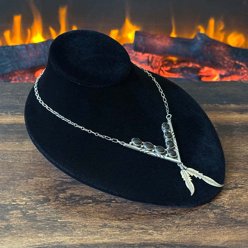 Navajo Nelson S. Clark Onyx 7 Stone Sterling V Shaped Feather Necklace