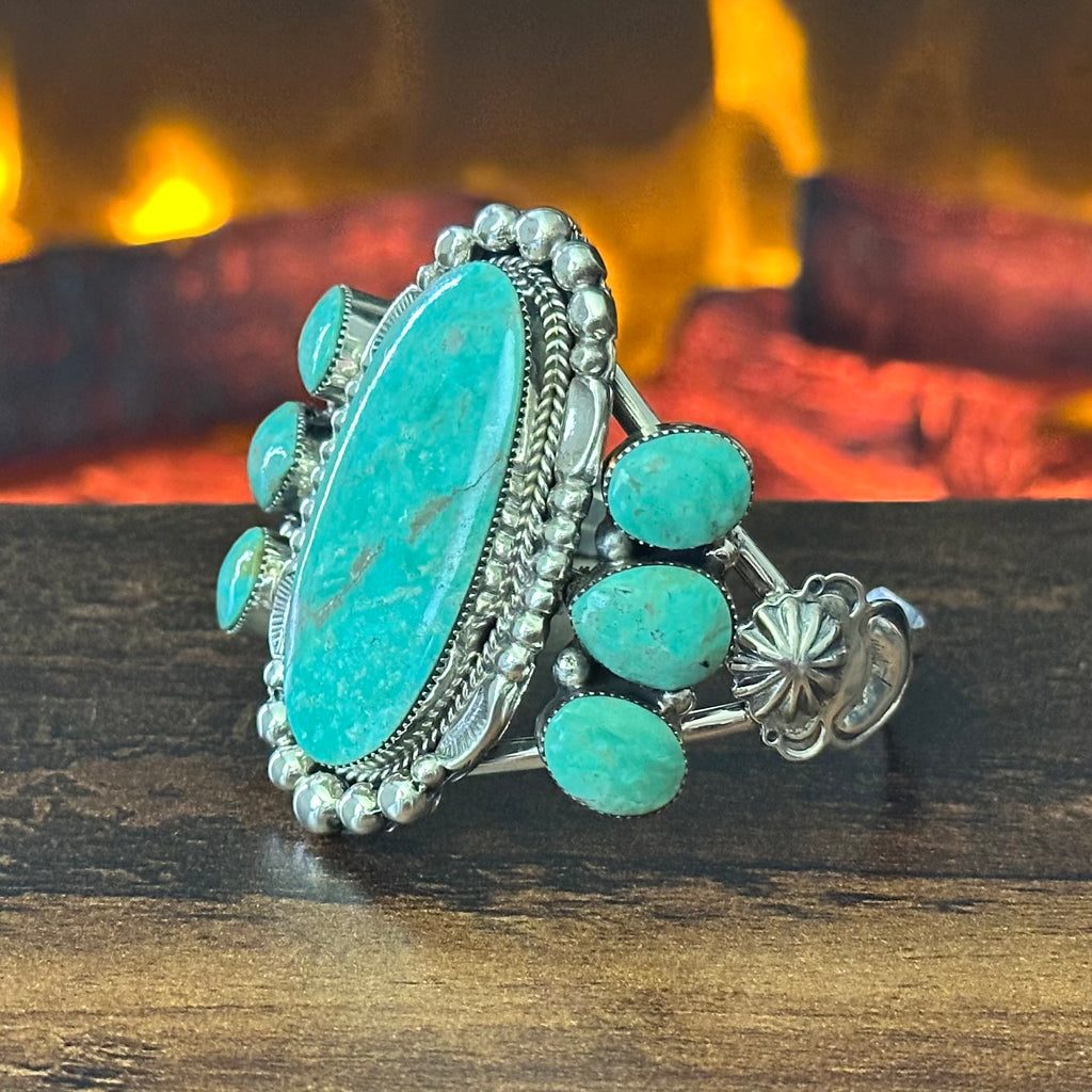 Running Bear Trading Turquoise 7 Stone Sterling Twist Wire Bezel Raindrop Statement Cuff