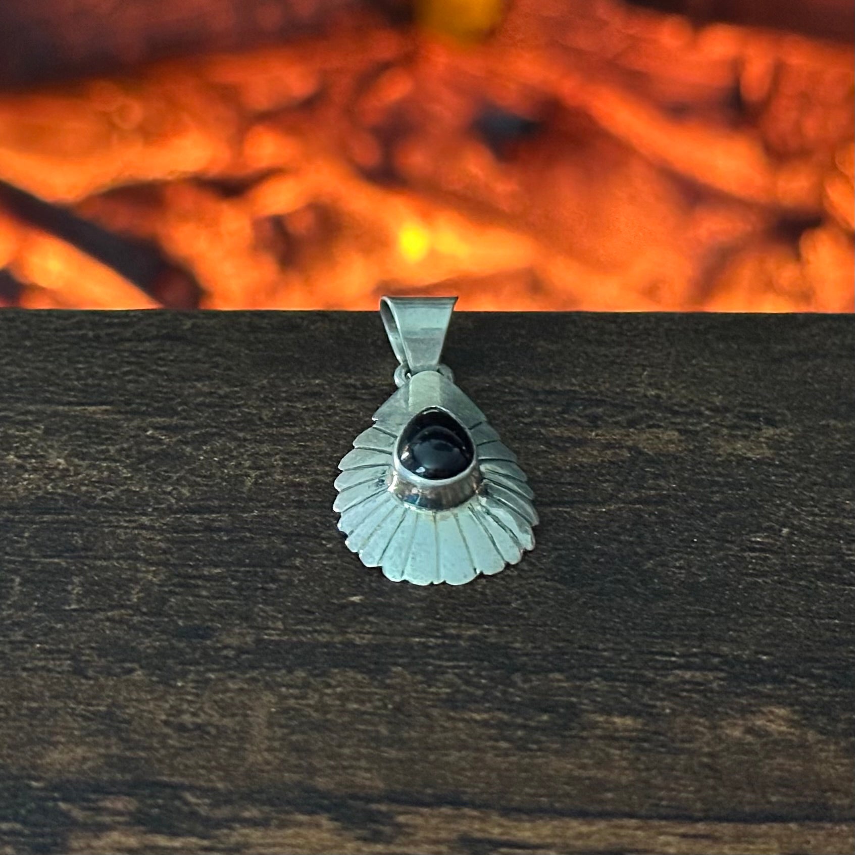 N.W. Signed Onyx Sterling Concho Teardrop Pendant
