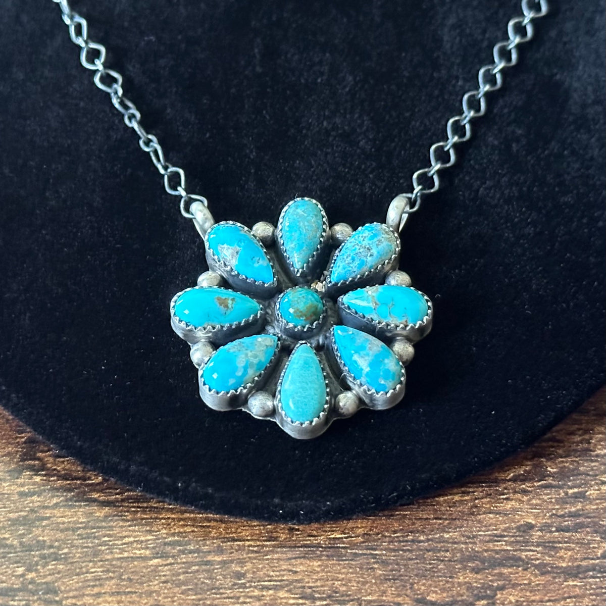 Navajo Tricia Smith Turquoise 9 Stone Sterling Floral Cluster Pendant Necklace