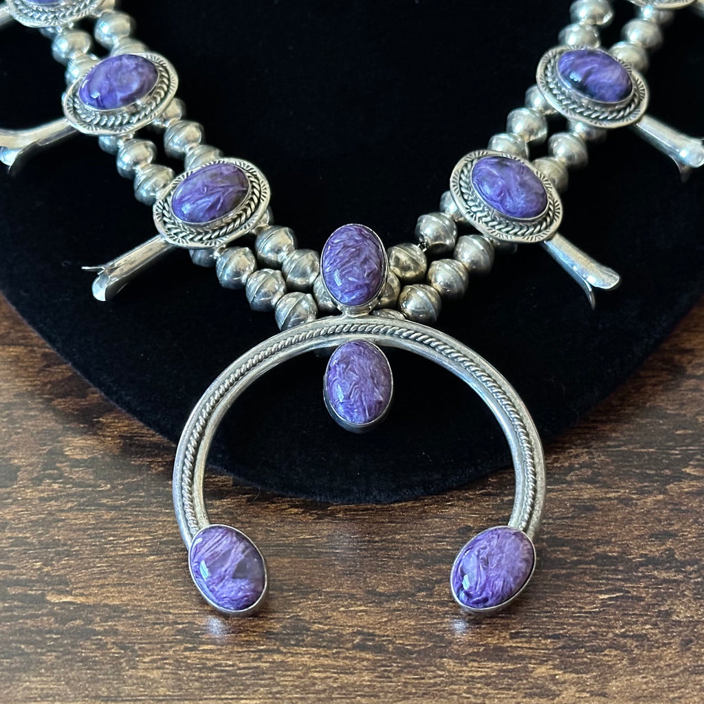 B Francisco Signed Charoite 12 Stone Sterling Squash Blossom Earrings Set