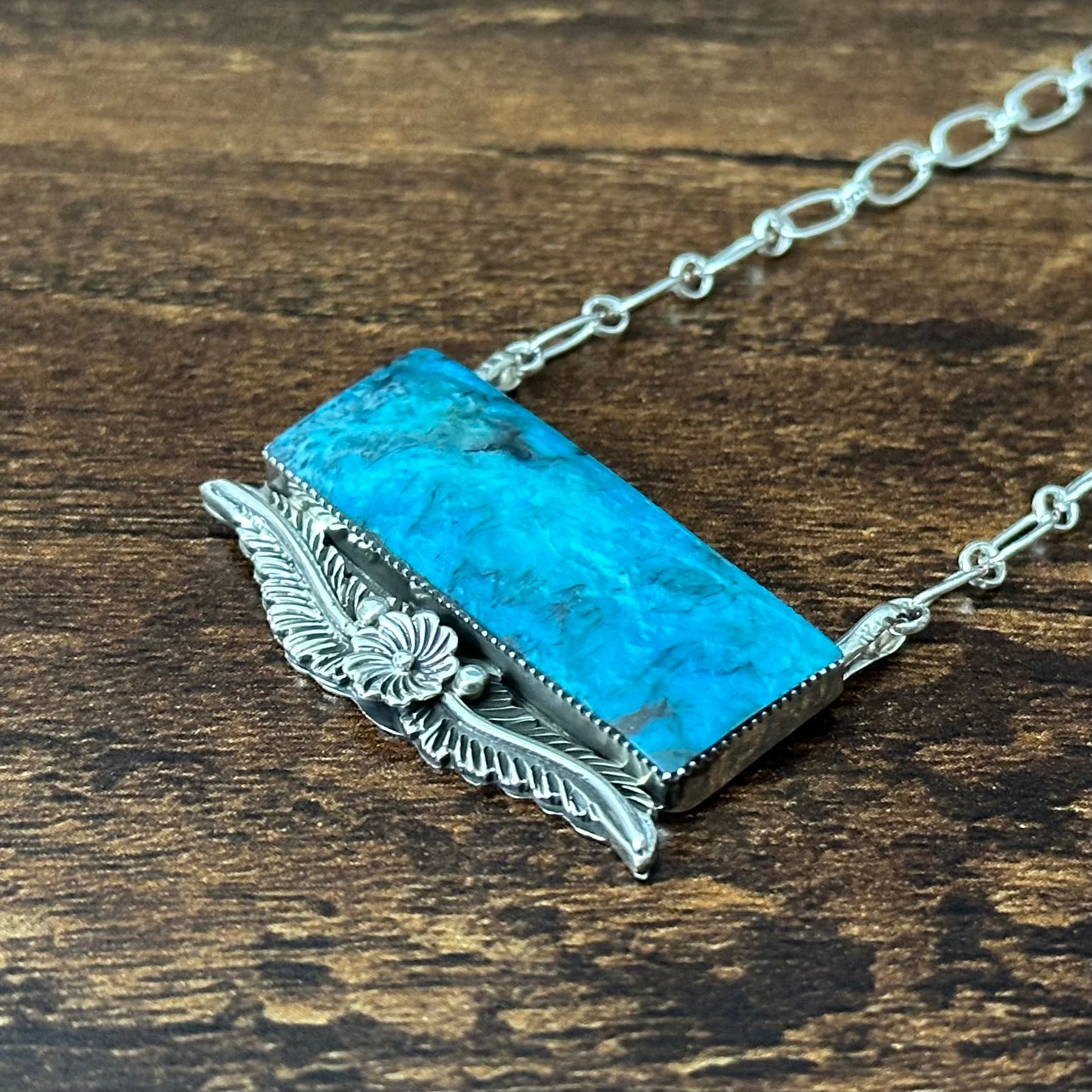 Navajo Gregg Yazzie Turquoise Sterling Floral Leaf Bar Pendant Necklace
