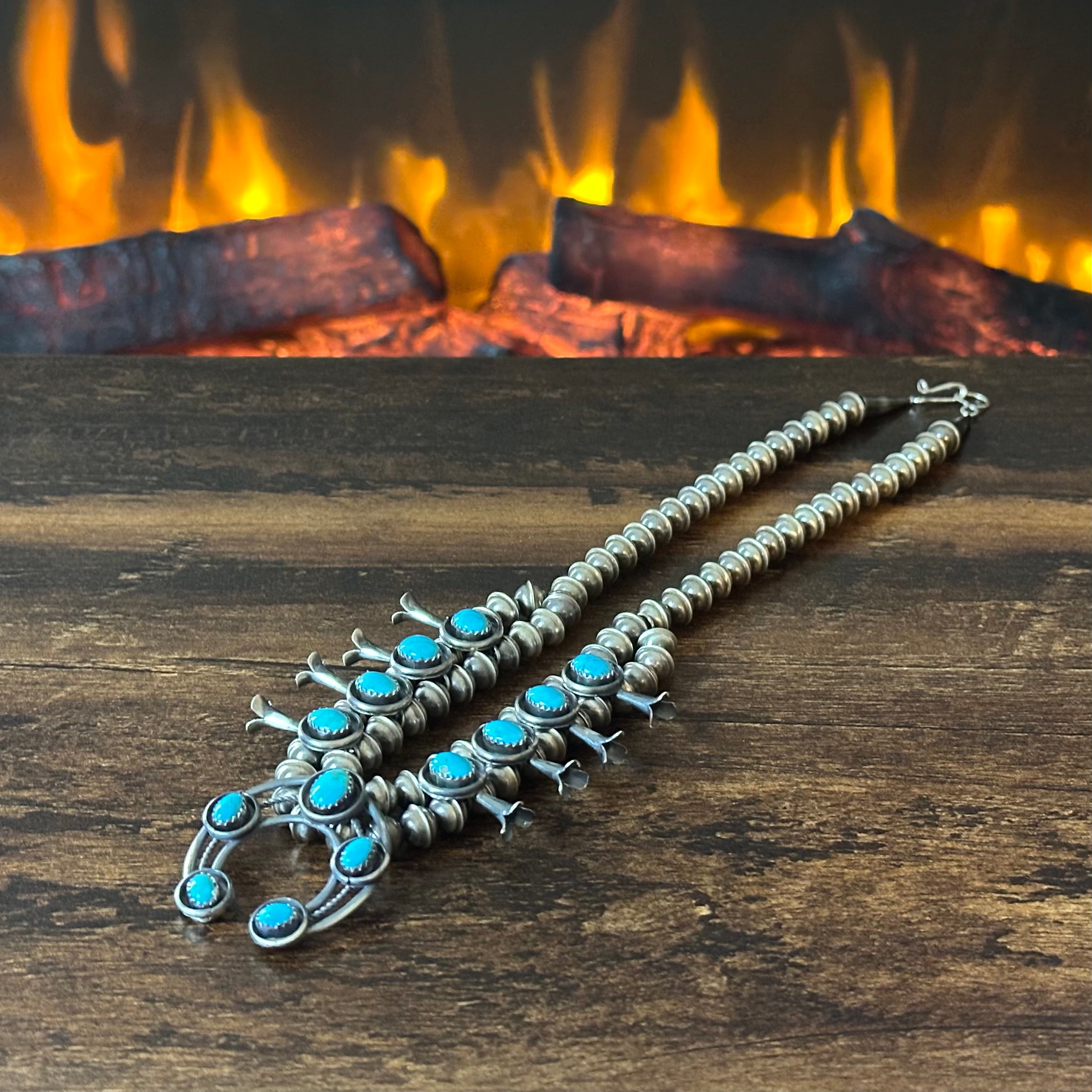 Navajo Phil & Lenora Garcia Sleeping Beauty Turquoise 13 Stone Sterling Oxidized Squash Blossom Earrings Set