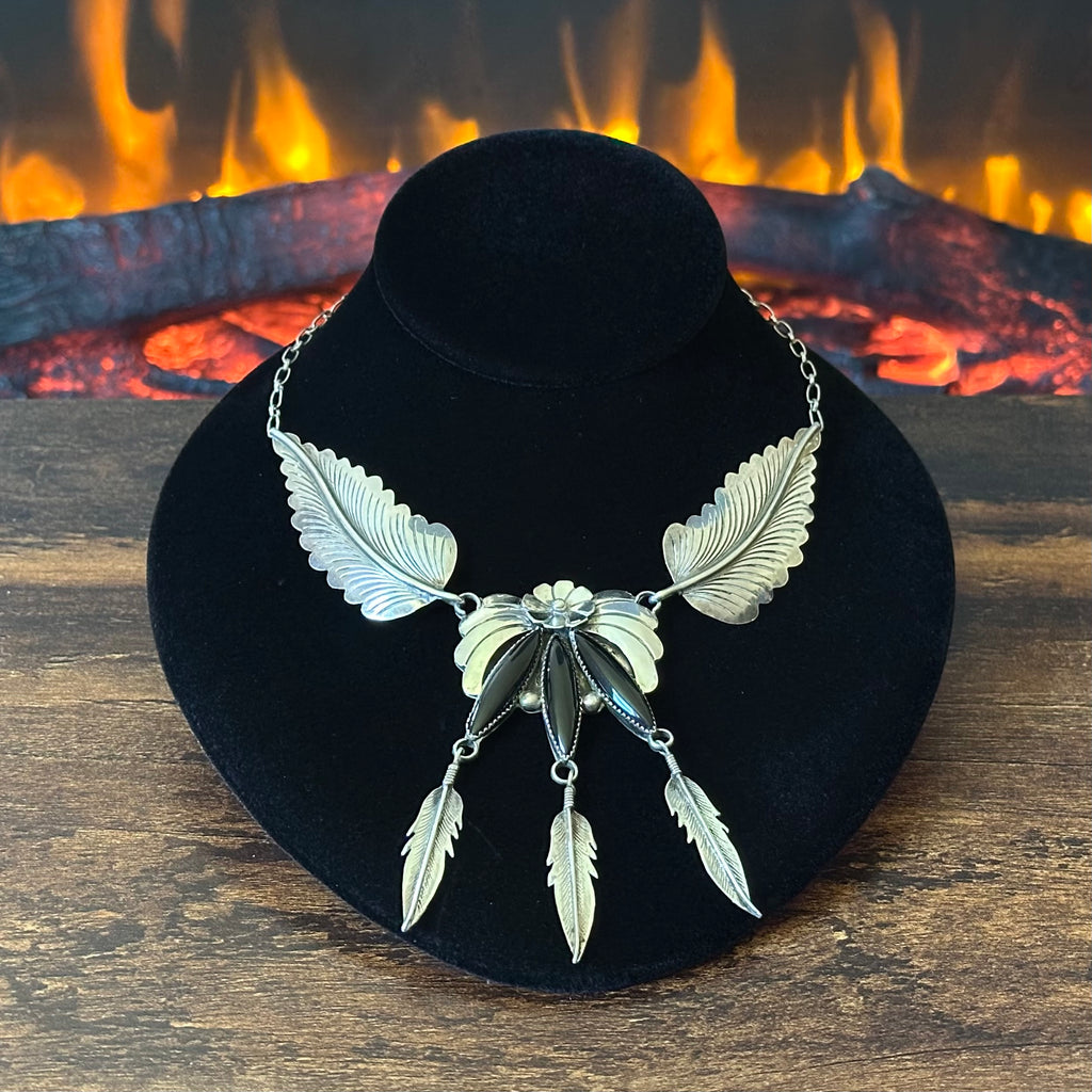 Navajo JW Toadlena Onyx 3 Stone Sterling Floral Leaf Feather Statement Necklace