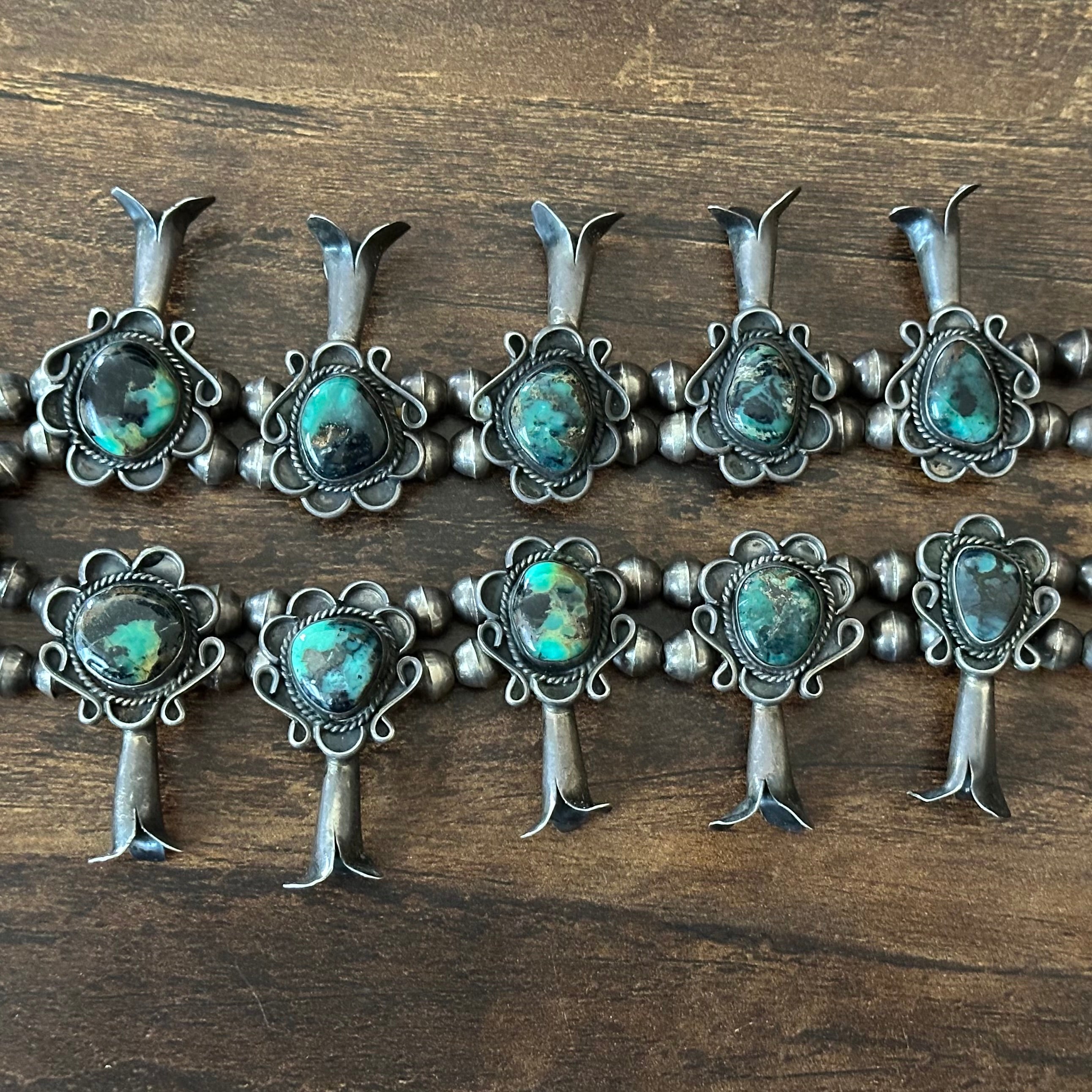 Vintage Green Turquoise 18 Stone Sterling Floral Twist Wire Bezel Squash Blossom