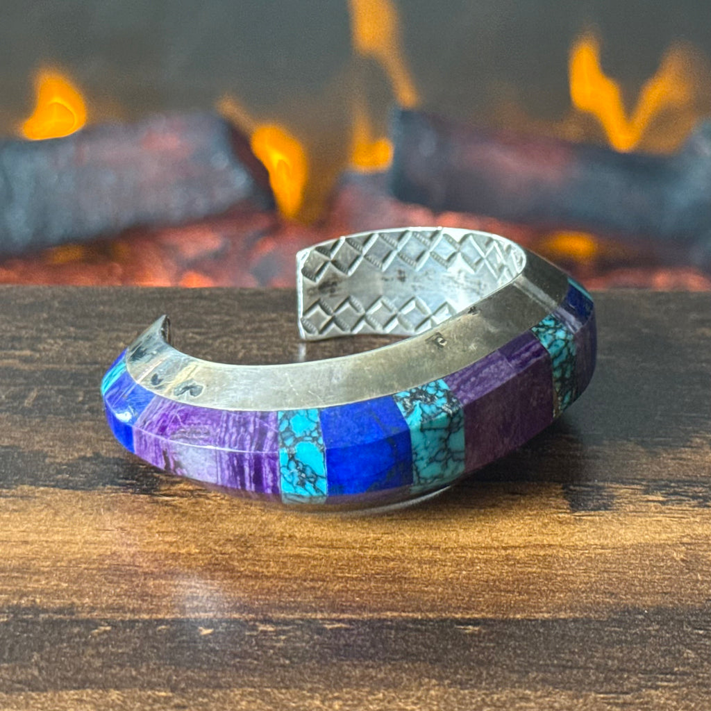 Navajo Herbert Toledo Turquoise Lapis Sugilite Sterling Hand Stamped Inlay Statement Cuff