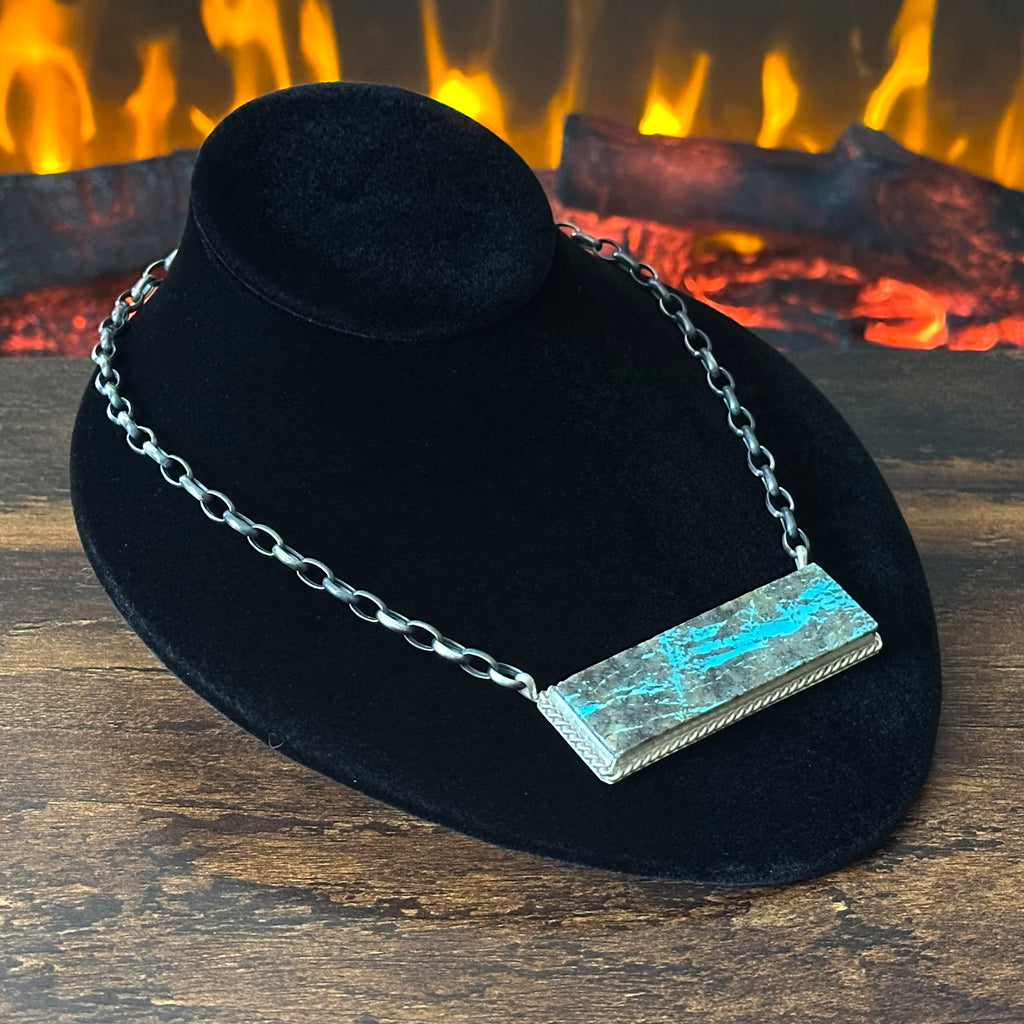 Navajo Brandon Etsitty Mine #8 Turquoise Sterling Bar Statement Necklace
