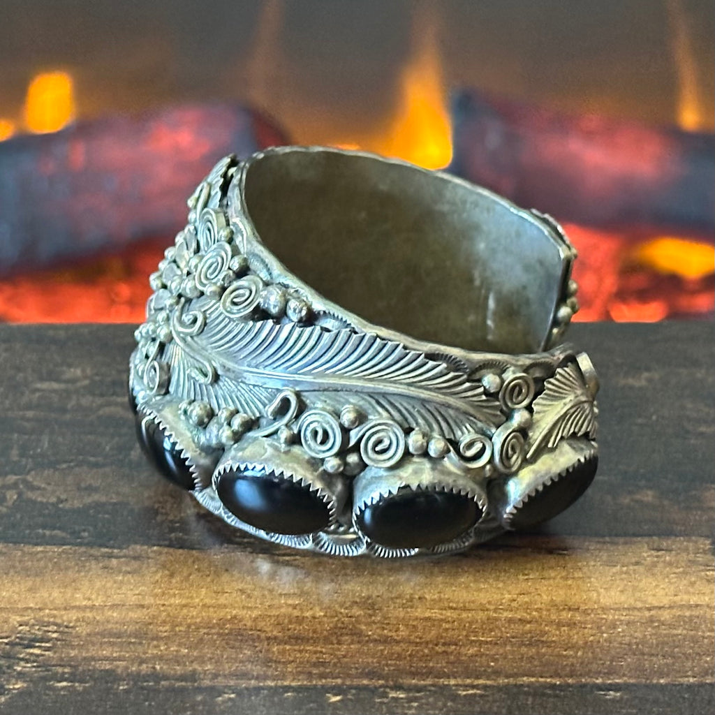 G Signed Onyx 9 Stone Sterling Floral Ornate Statement Cuff