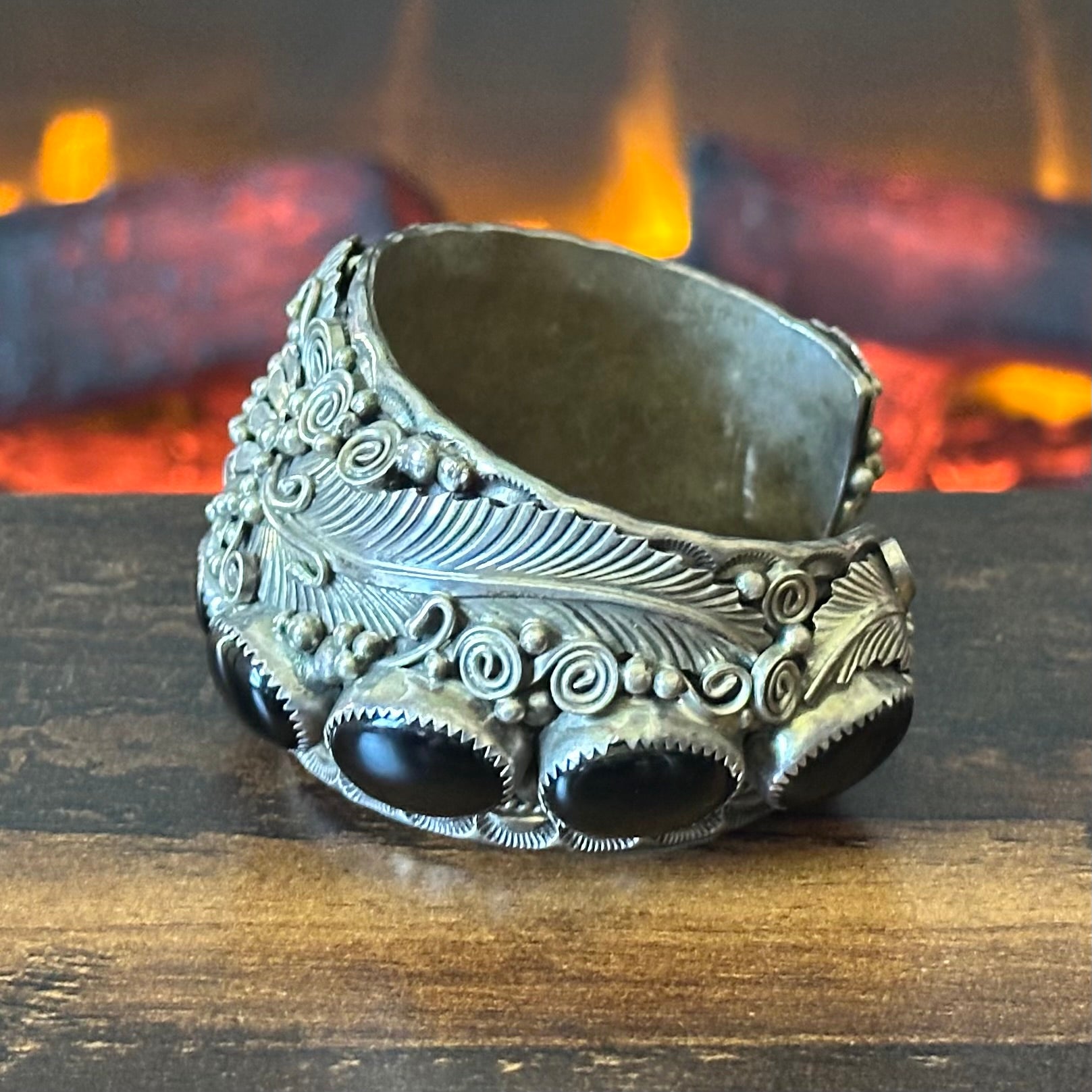 G Signed Onyx 9 Stone Sterling Floral Ornate Statement Cuff