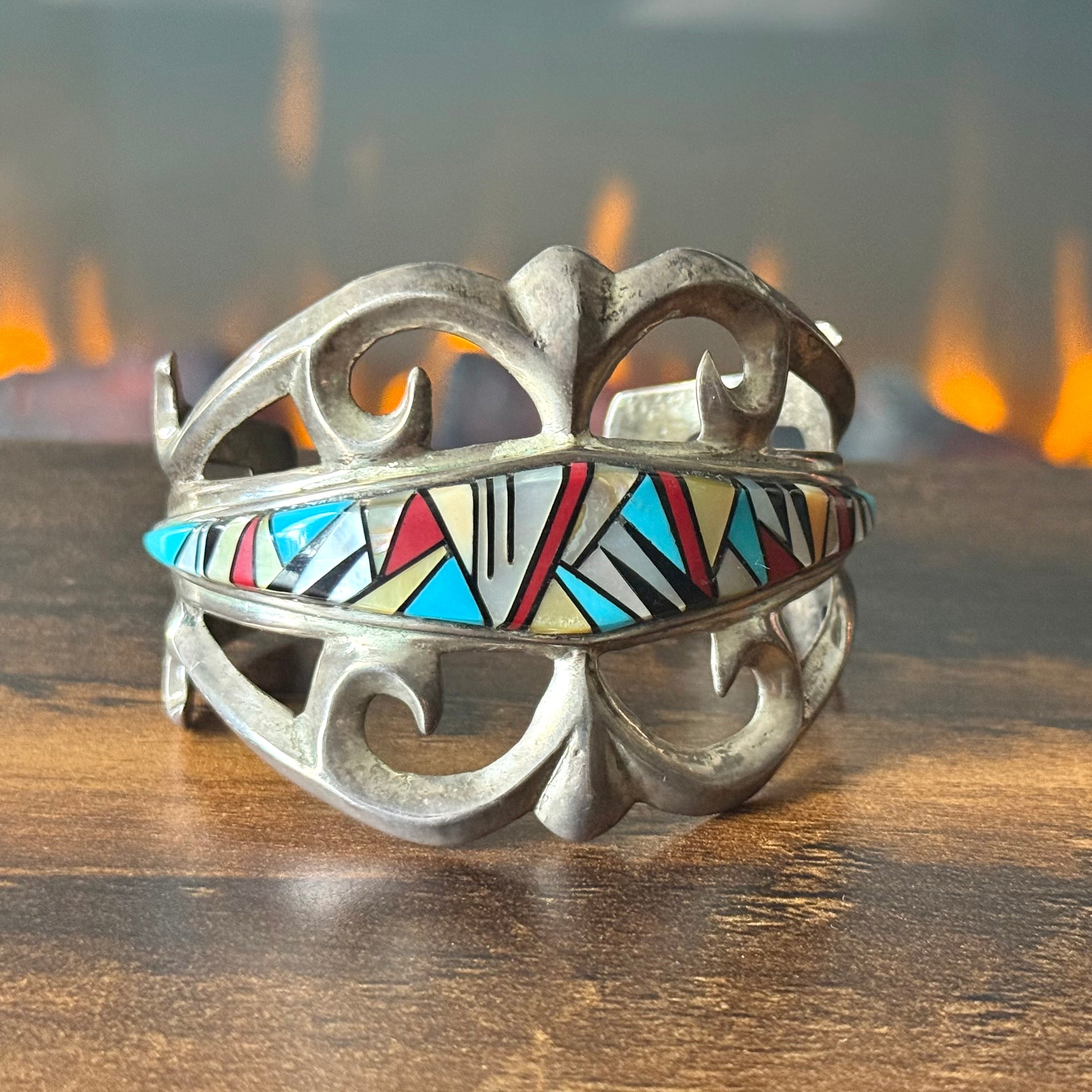 Vintage Abalone MOP Block Turquoise & Red Coral Sterling Sandcast Inlay Cuff