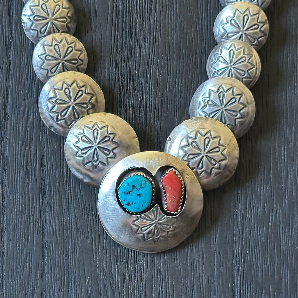 Navajo Carol Smith Reversible Turquoise Red Coral Sterling Shadowbox Pillow Bead Necklace Earrings Set