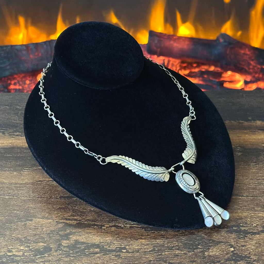 Navajo Harry Spencer Pink Mother of Pearl 4 Stone Sterling Hand Stamped Feather Necklace