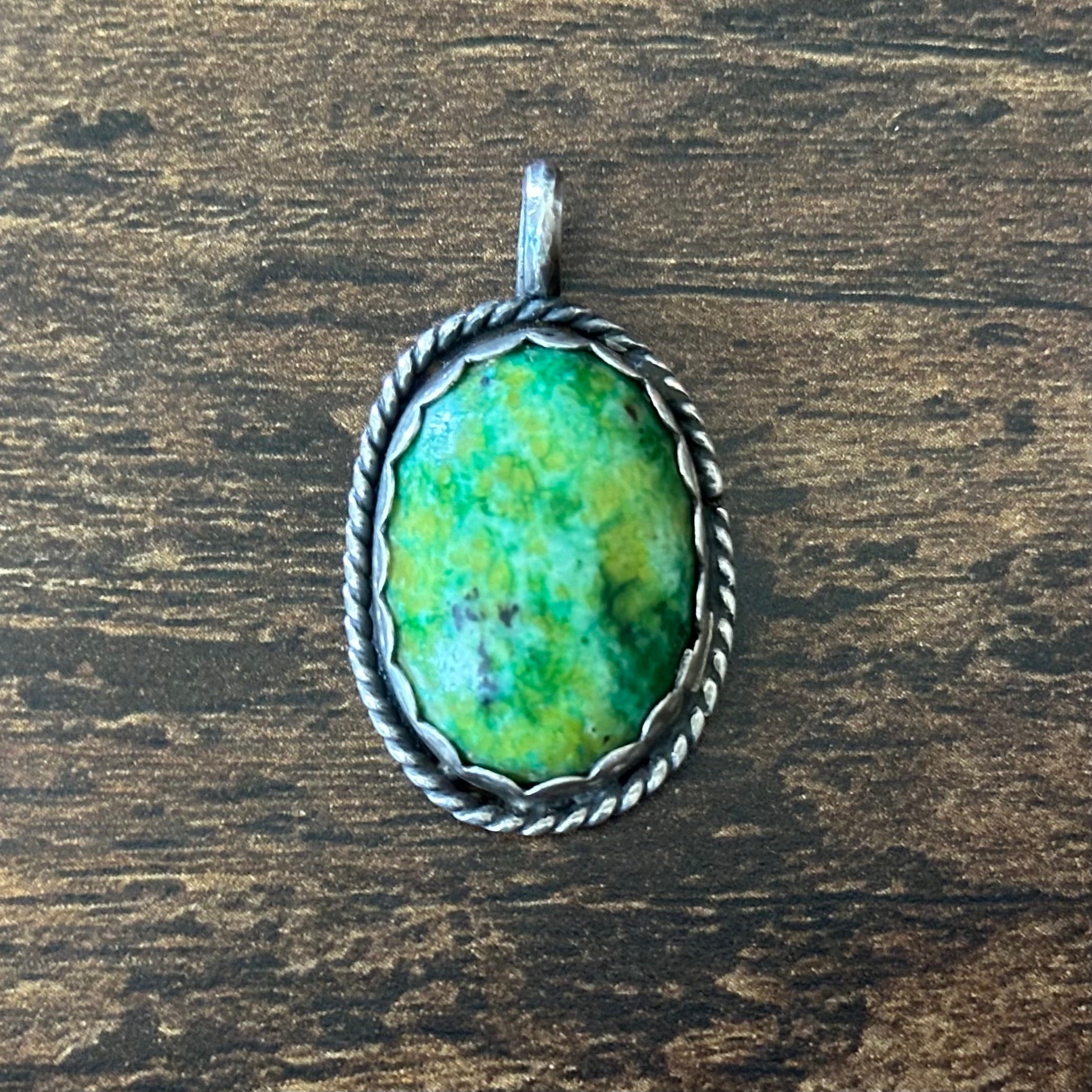 Green Stone Sterling Twist Wire Bezel Oval Pendant