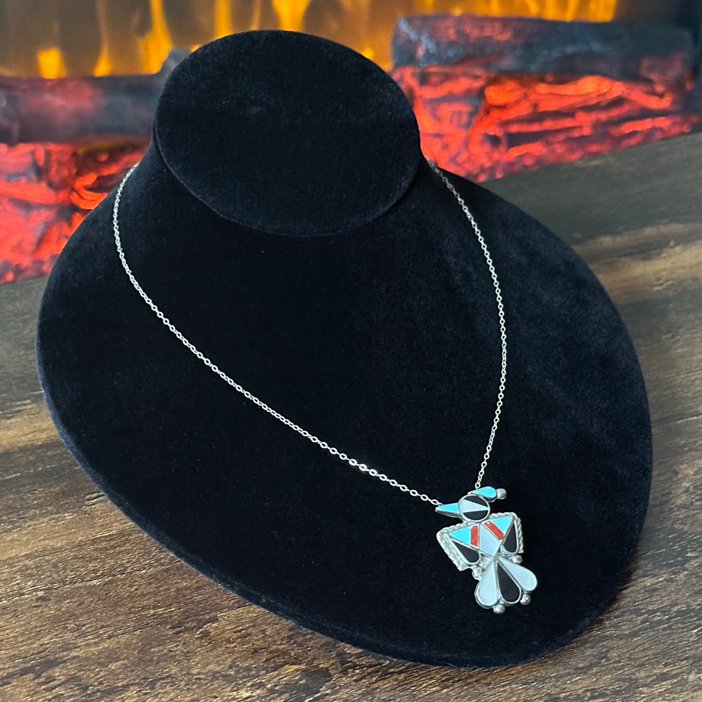 Turquoise Red Coral Mother of Pearl Jet Sterling Peyote Bird Inlay Pendant/Pin Necklace