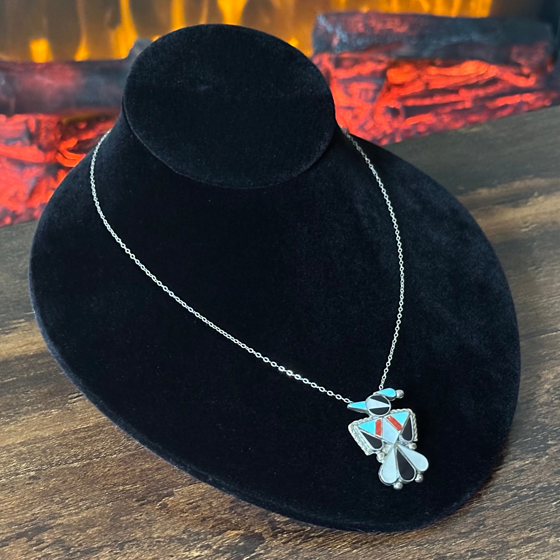 Turquoise Red Coral Mother of Pearl Jet Sterling Peyote Bird Inlay Pendant/Pin Necklace